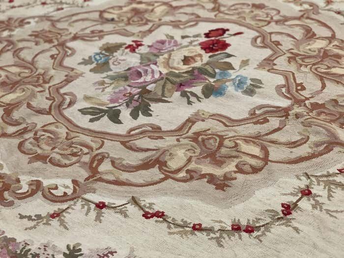 Vierkant Aubusson Vloerkleed Bruin Blauw Handgeweven Tapijt Bloemmotief Woonkamer Vloerkleed Woondecoratie photo vinterior