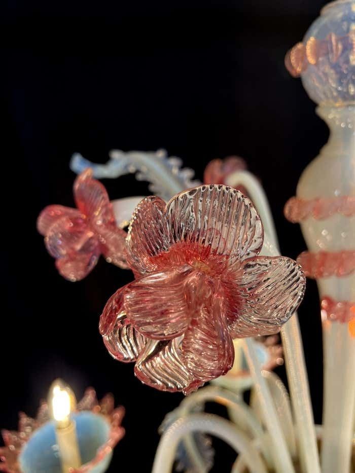 photo for sale Majestic Light Blue And Pink Venetian Chandelier, Murano, 1950s