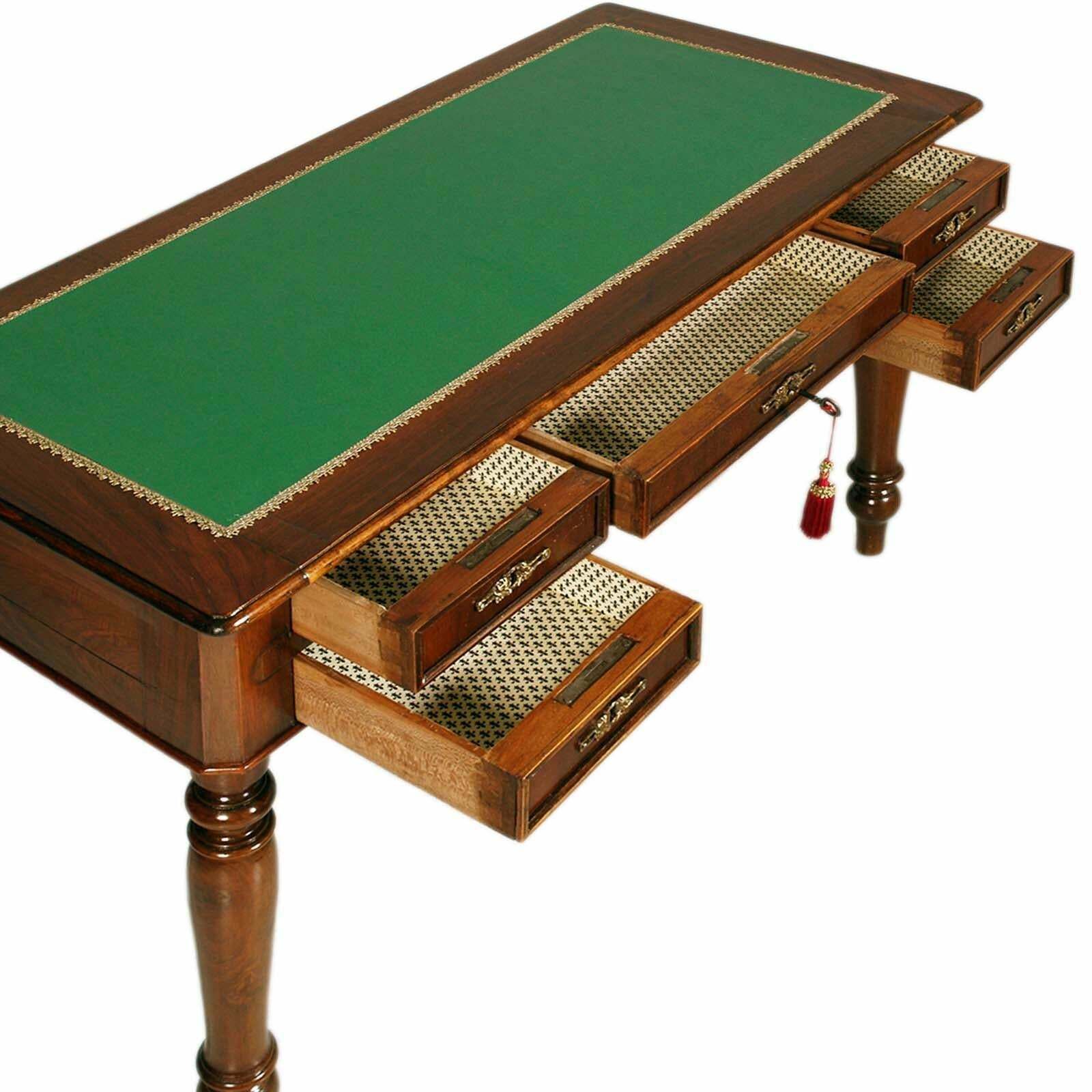 Desk 19th Century Italy Walnut Drawers Louis Philippe Green Leather Top Restored photo for sale