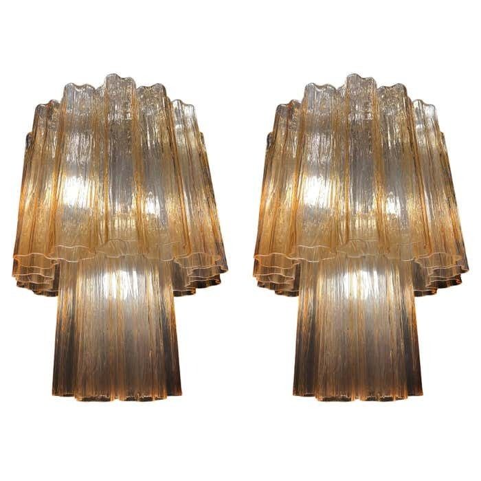Charming Pair Of Italian Amber Chandeliers By Valentina Planta, Murano