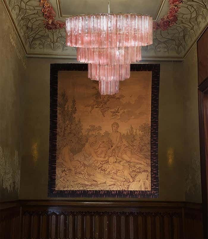 Pair Majestic Pink Murano Chandelier By Valentina Planta photo vintage