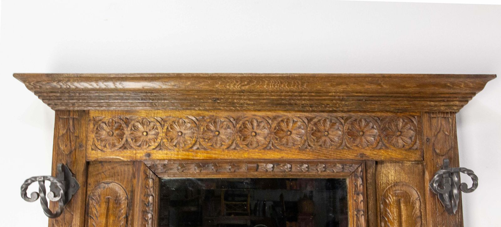 French Coat Hat Rack Chestnut Mirror Wrough Iron & Zinc Stand Gothic St 19th C. photo for sale