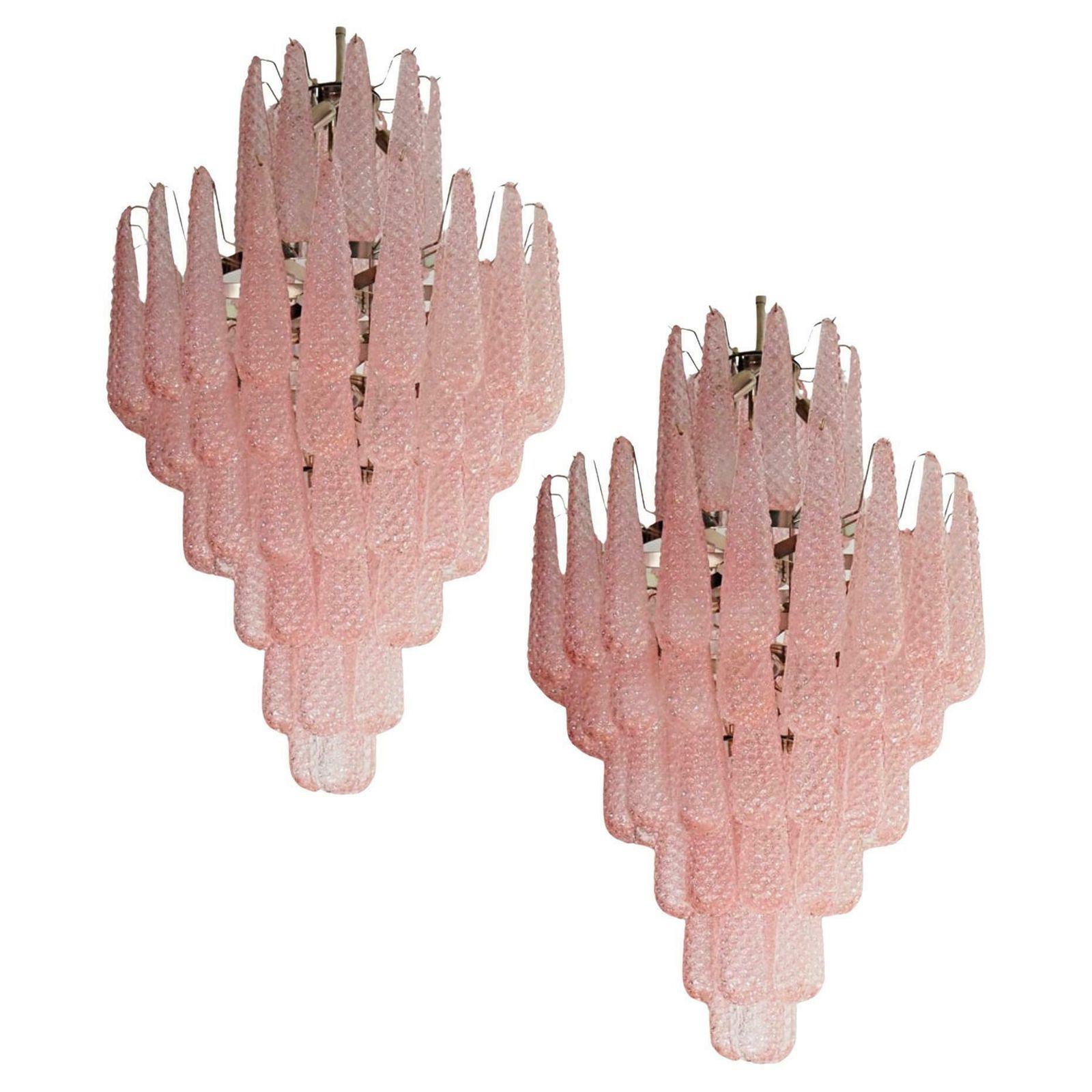 Pair Italian Pink And White Petal Chandeliers, Murano