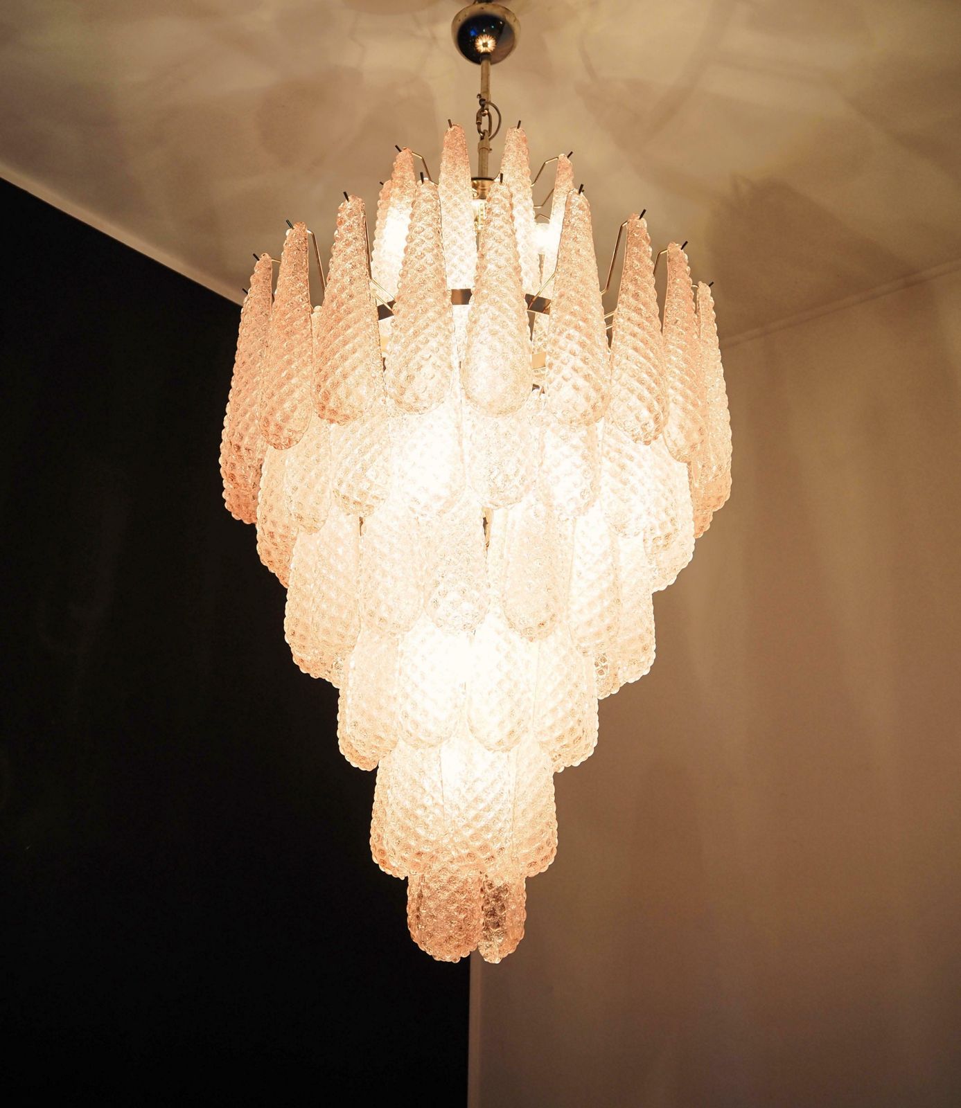 Pair Italian Pink And White Petal Chandeliers, Murano photo Lighting