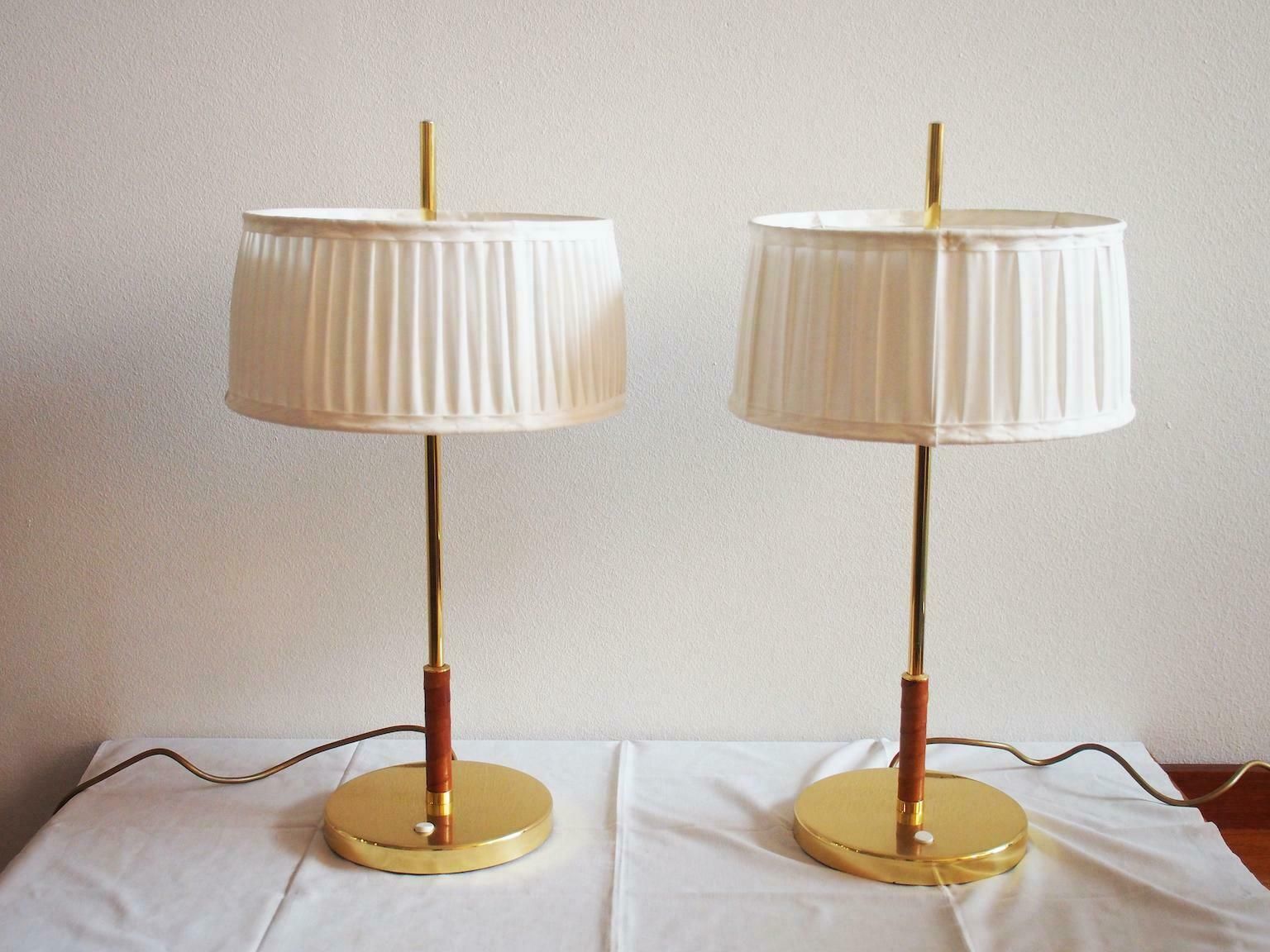 Pair Of Swedish Table Lamps Of Brass With Leather Detail And White Shade photo furniture