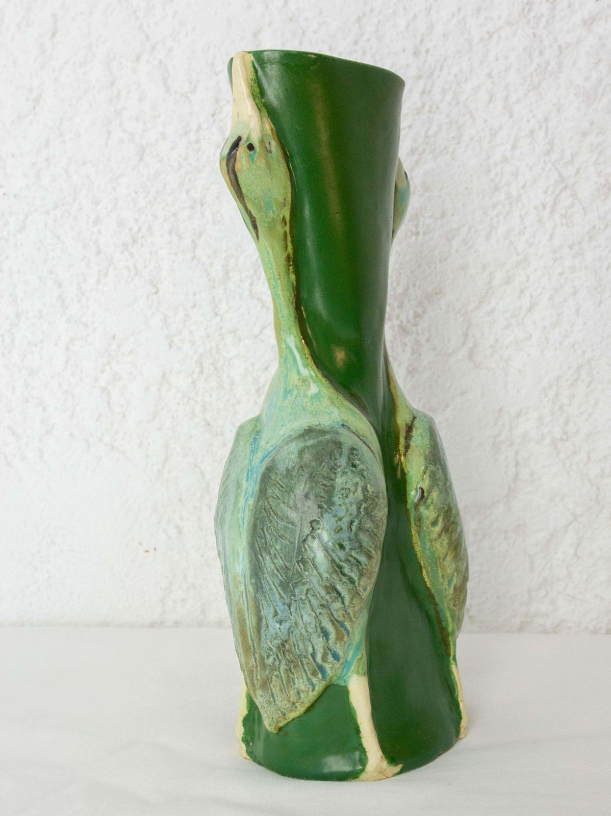 French Glass Vase With Two Gooses Embossed Art Nouveau, Circa 1900 photo for sale