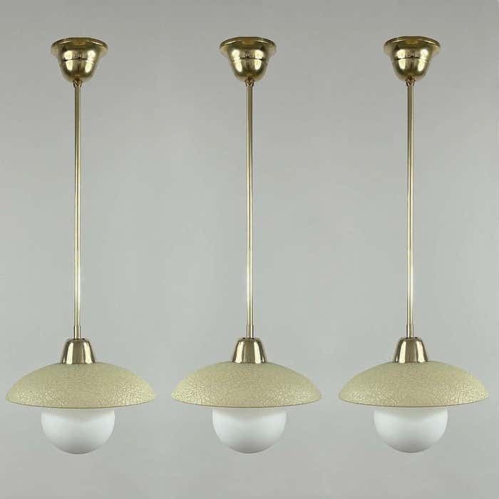Cream Textured Glass And Brass Pendants, Sweden 1940s To 1950s photo furniture