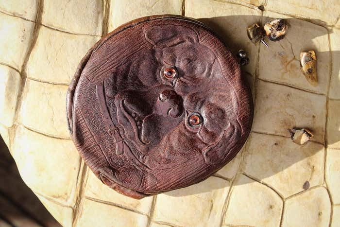 Mid 20th Century Folk Art Pug Bull Dog Leather Coin Purse Bag photo furniture