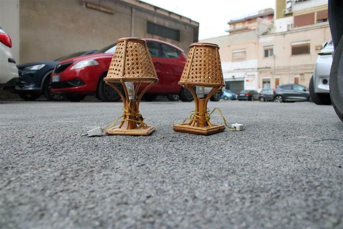 Pair Of Bamboo And Straw Table Lamps Italy 1960s photo vintage