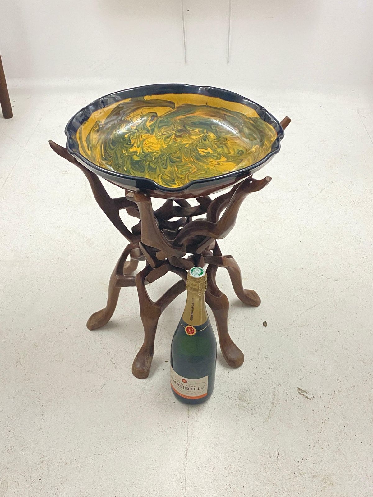 Large Ceramic Vide Poche On A Tripod Base In Wood Sculpted Birds Circa France photo vinterior