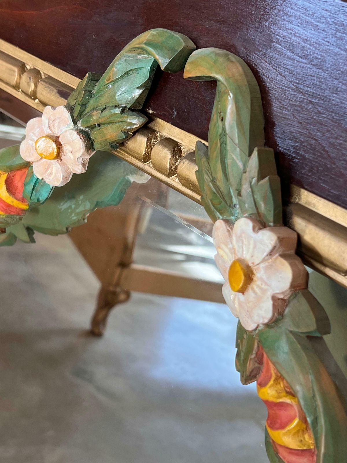 Early 20th French Wood Wall Mirror With Painted Garland Of Flowers photo vinterior