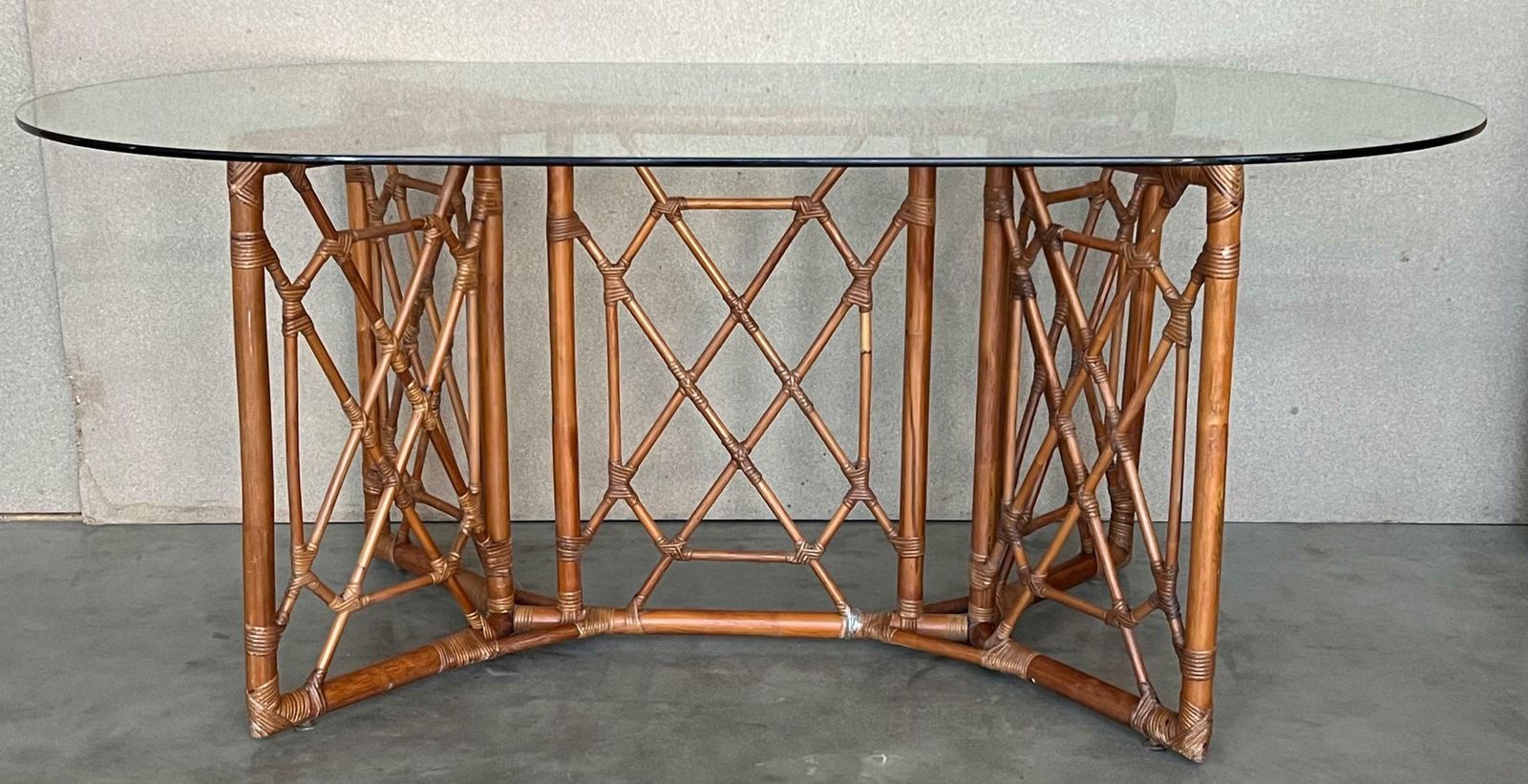 Chinese Chippendale Style Bamboo Dining Table With Oval Glass Top photo furniture