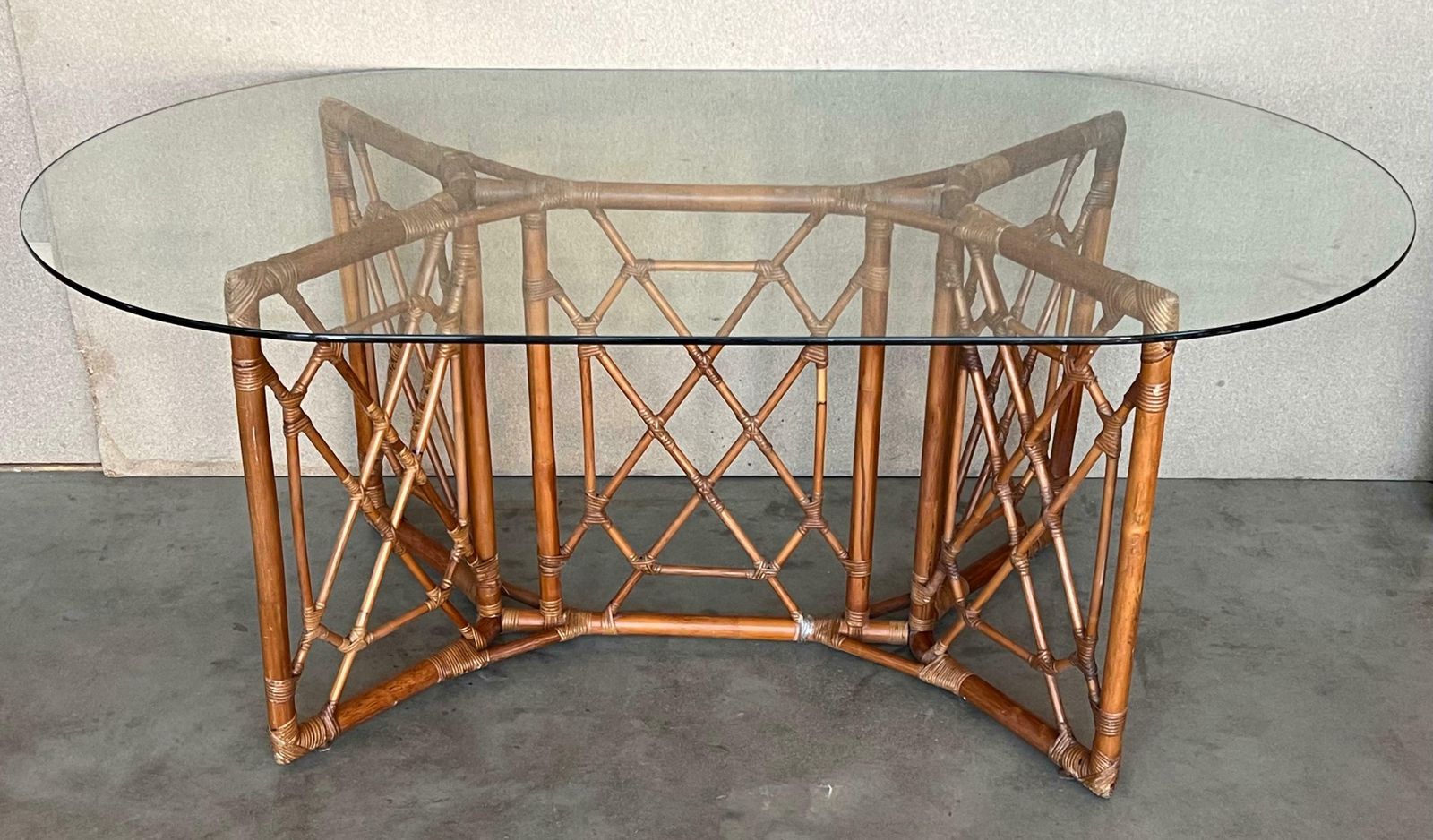 Chinese Chippendale Style Bamboo Dining Table With Oval Glass Top photo Furniture