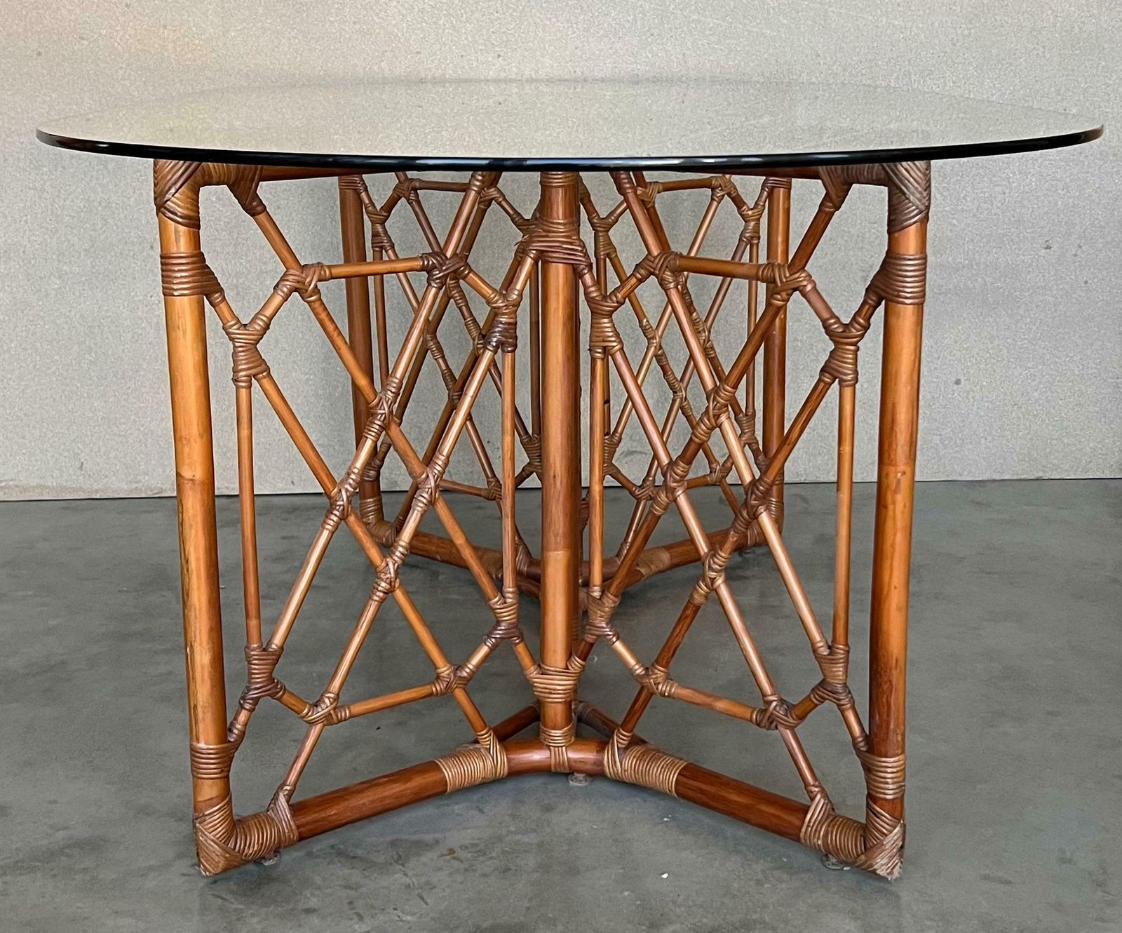 Chinese Chippendale Style Bamboo Dining Table With Oval Glass Top photo buy