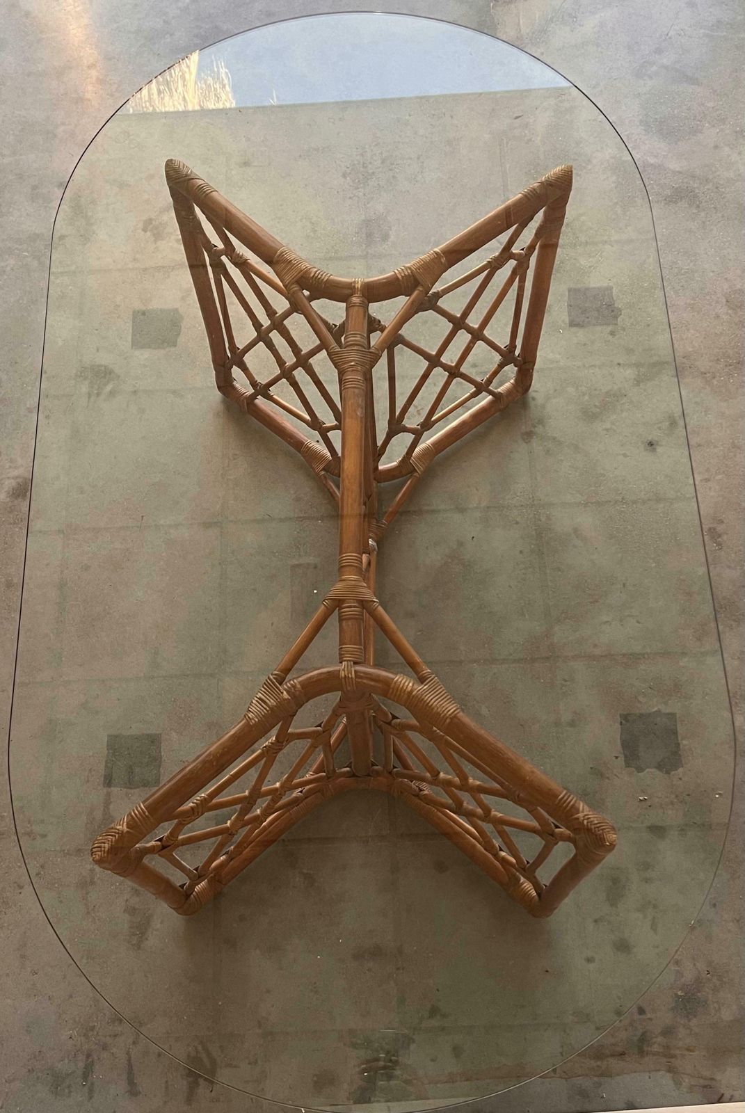 photo for sale Chinese Chippendale Style Bamboo Dining Table With Oval Glass Top
