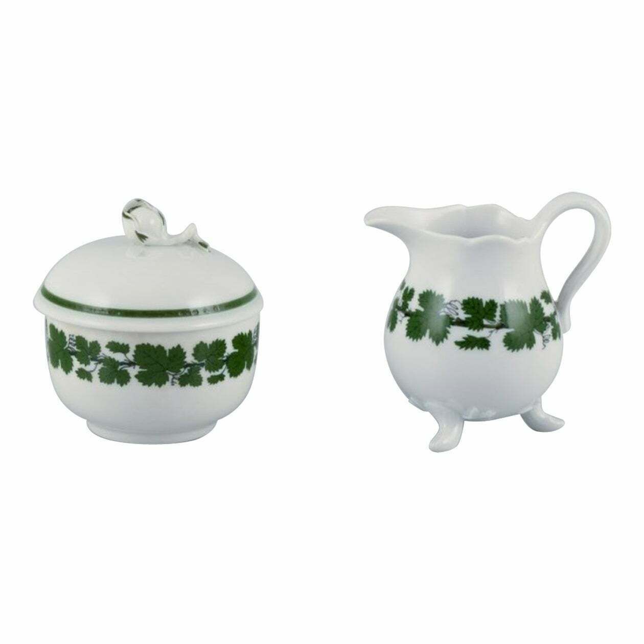 Meissen, Germany, Green Ivy Vine, Sugar Bowl And Creamer.