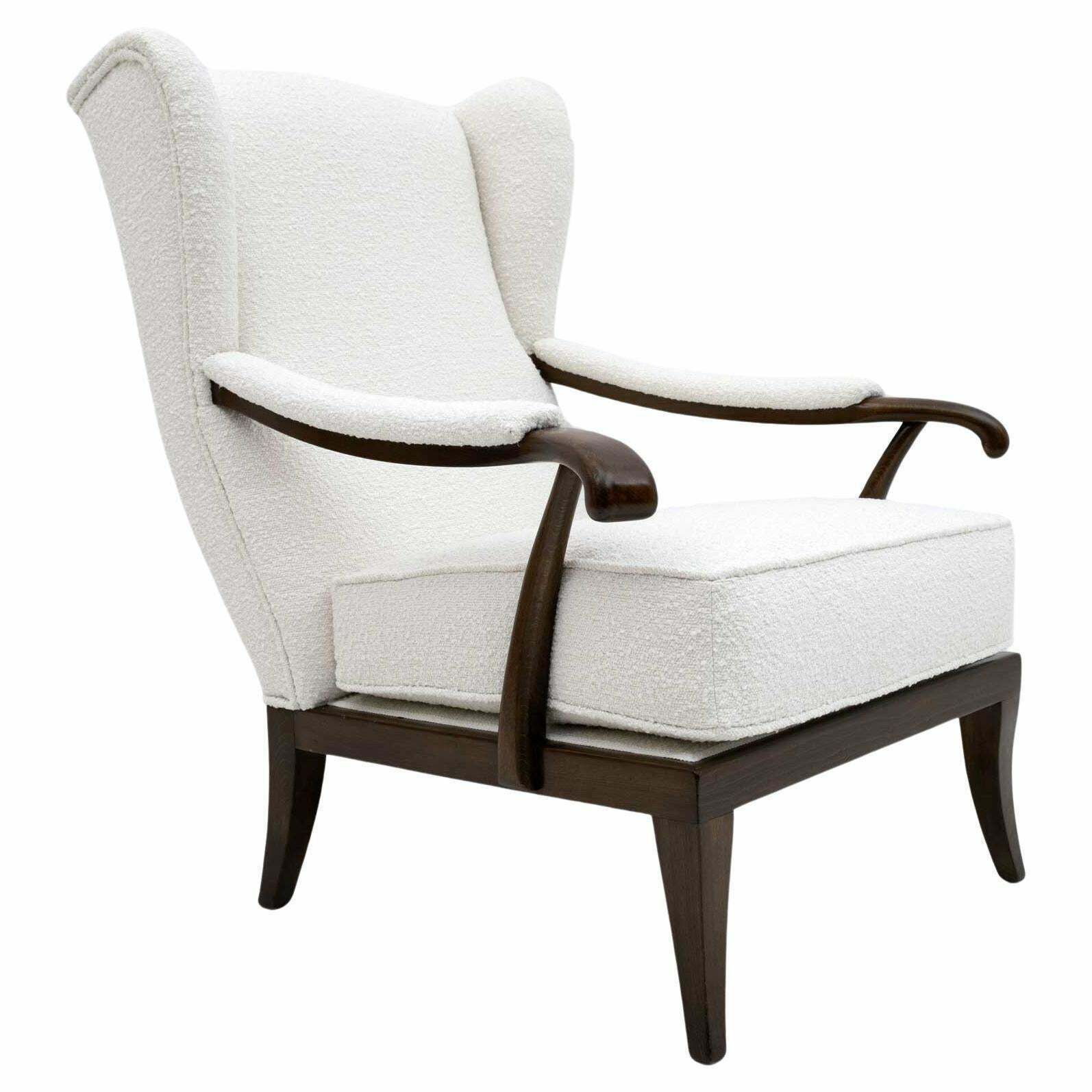 Paolo Buffa Mid Century Modern Italian Walnut And Coating Boucle Armchair, 1950s