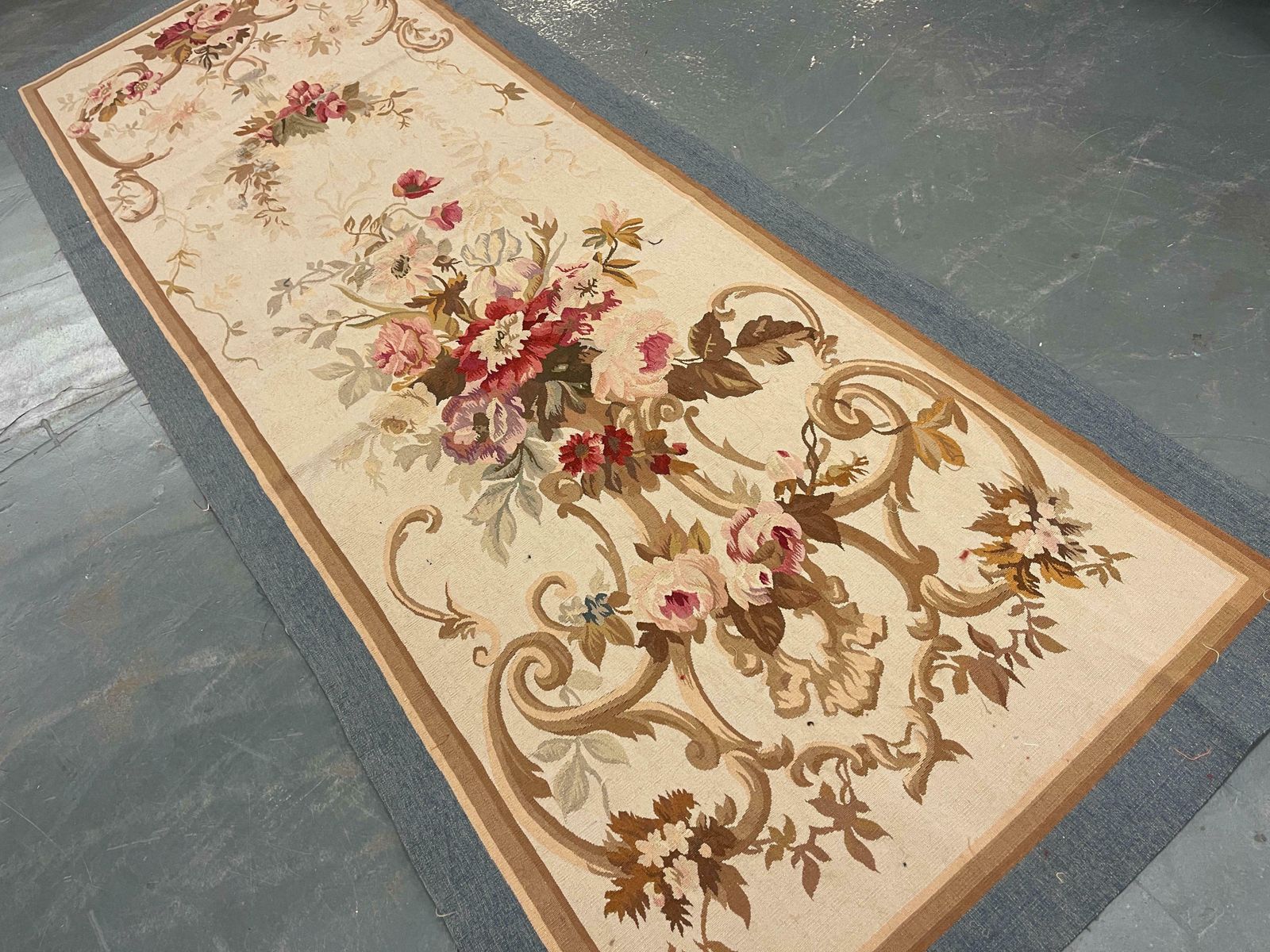 Blue Aubusson Rug Runner Beige Handwoven Carpet Floral Livingroom Rug Home Decor photo furniture