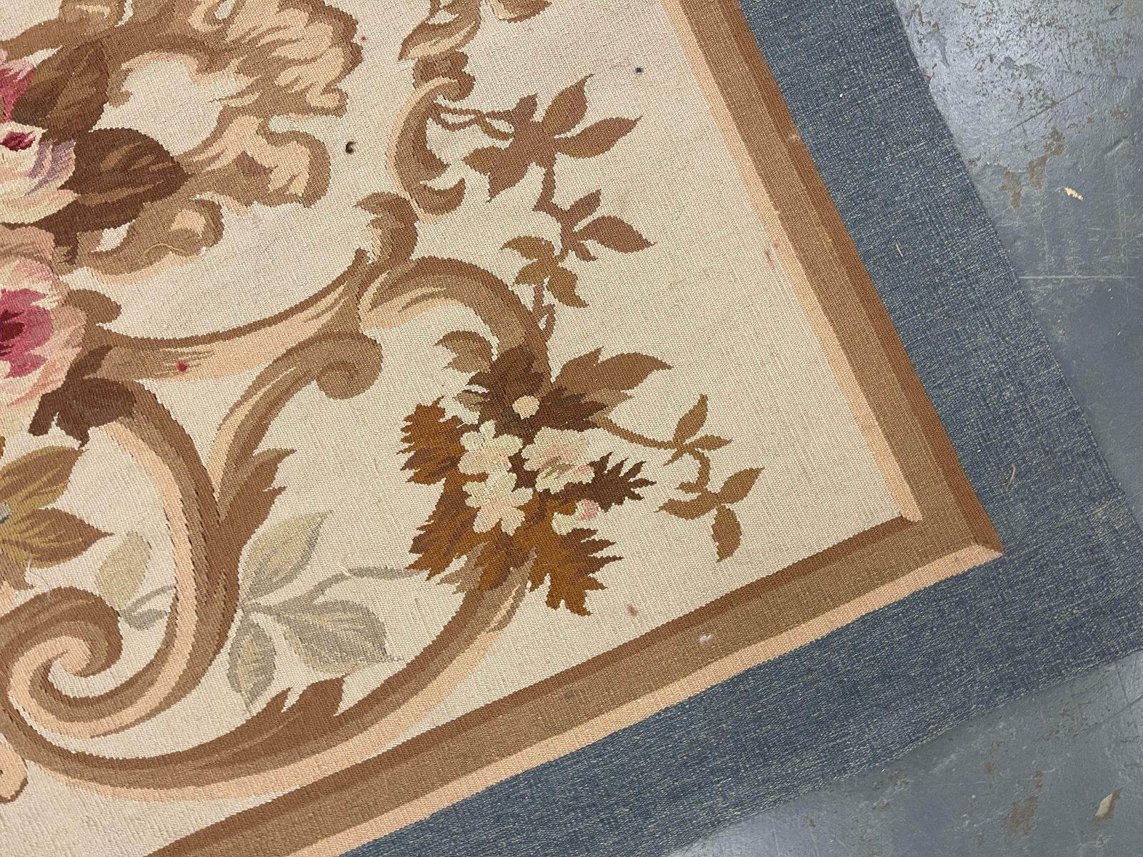 Blue Aubusson Rug Runner Beige Handwoven Carpet Floral Livingroom Rug Home Decor photo for sale