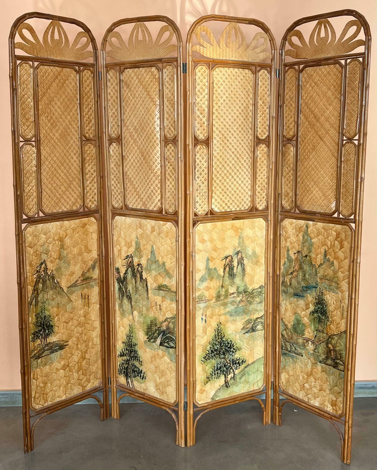 Sculptural Three Panel Folding Screen Room Divider In Rattan And Wicker, 1960s photo for sale