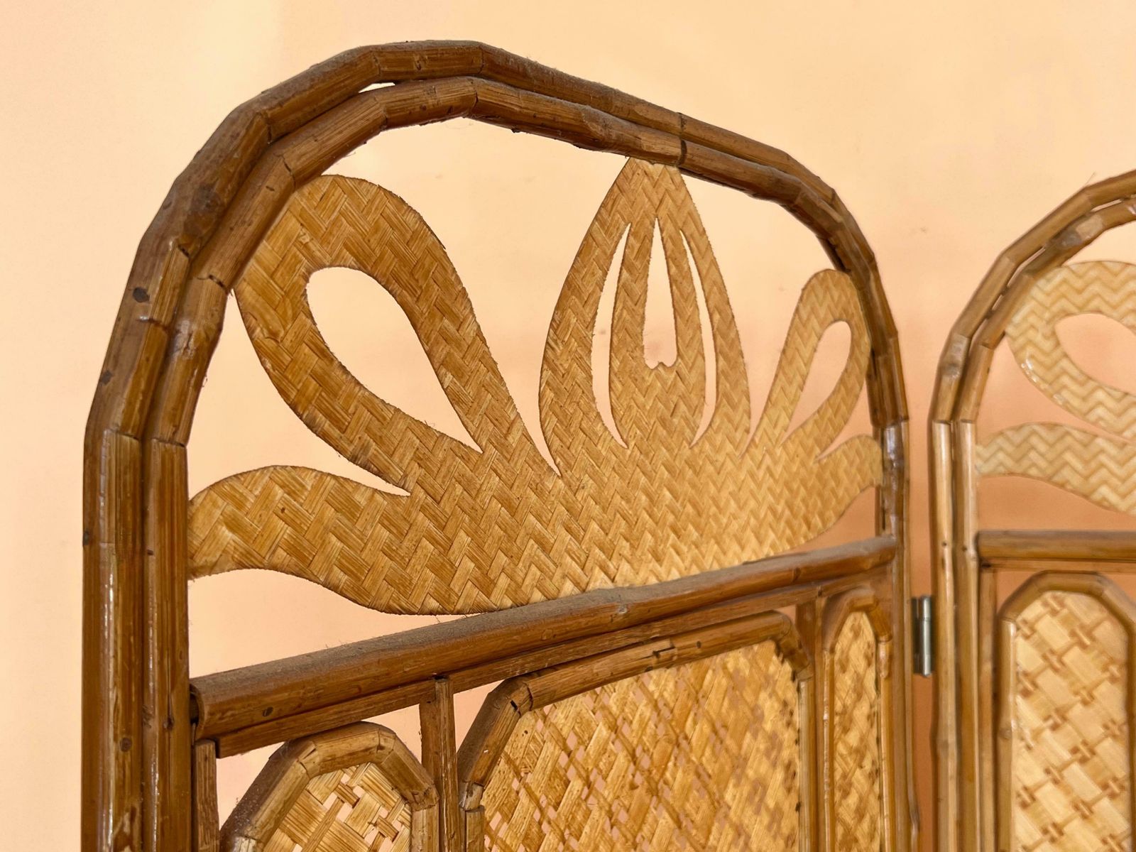 Sculptural Three Panel Folding Screen Room Divider In Rattan And Wicker, 1960s photo vintage