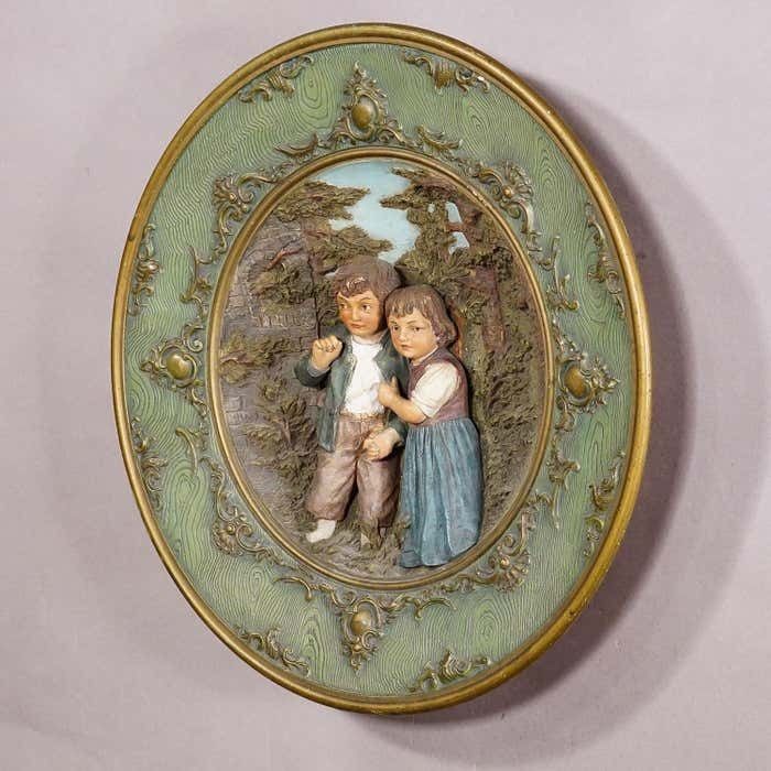 Terracotta Wall Plate With Whimsy Children In Farmer Costumes By Johann Maresch photo for sale