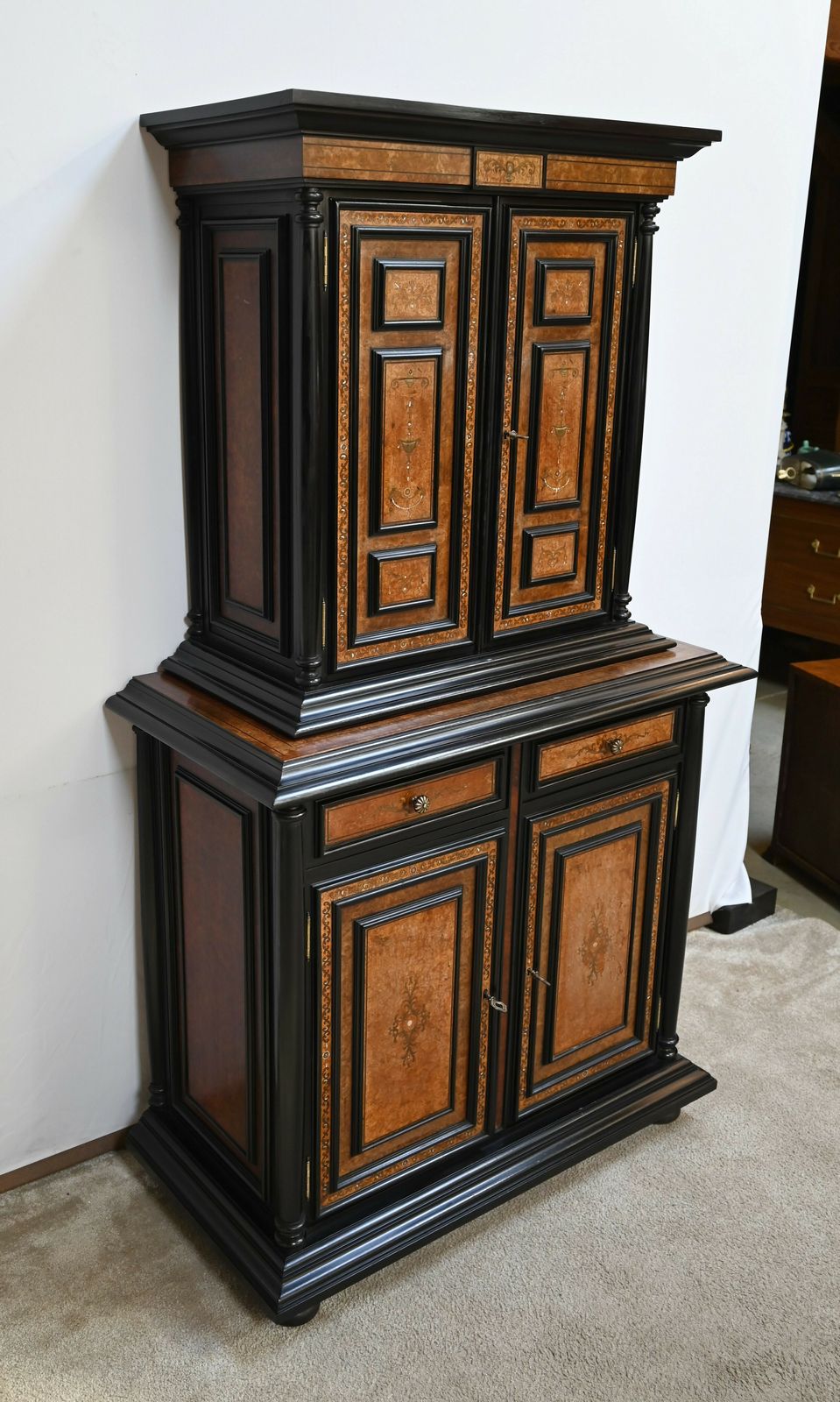 Small Two Body Buffet In Blackened Wood And Thuya Burl, Stamped Gordóvil, Renaissance Taste, Spain   Early 20th Century photo for sale