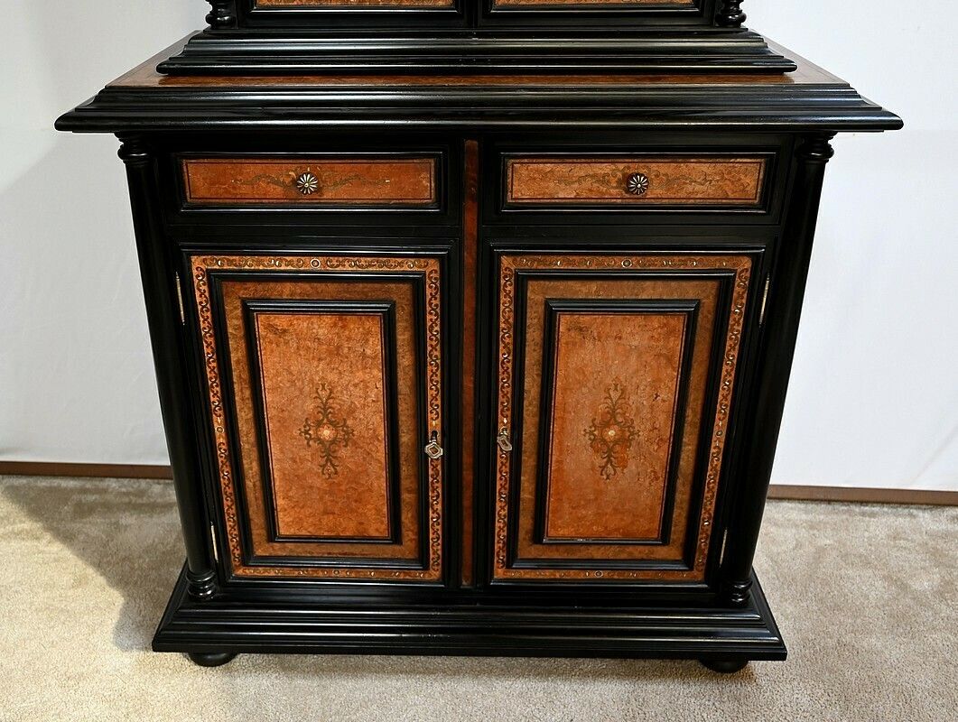 photo vintage Small Two Body Buffet In Blackened Wood And Thuya Burl, Stamped Gordóvil, Renaissance Taste, Spain   Early 20th Century