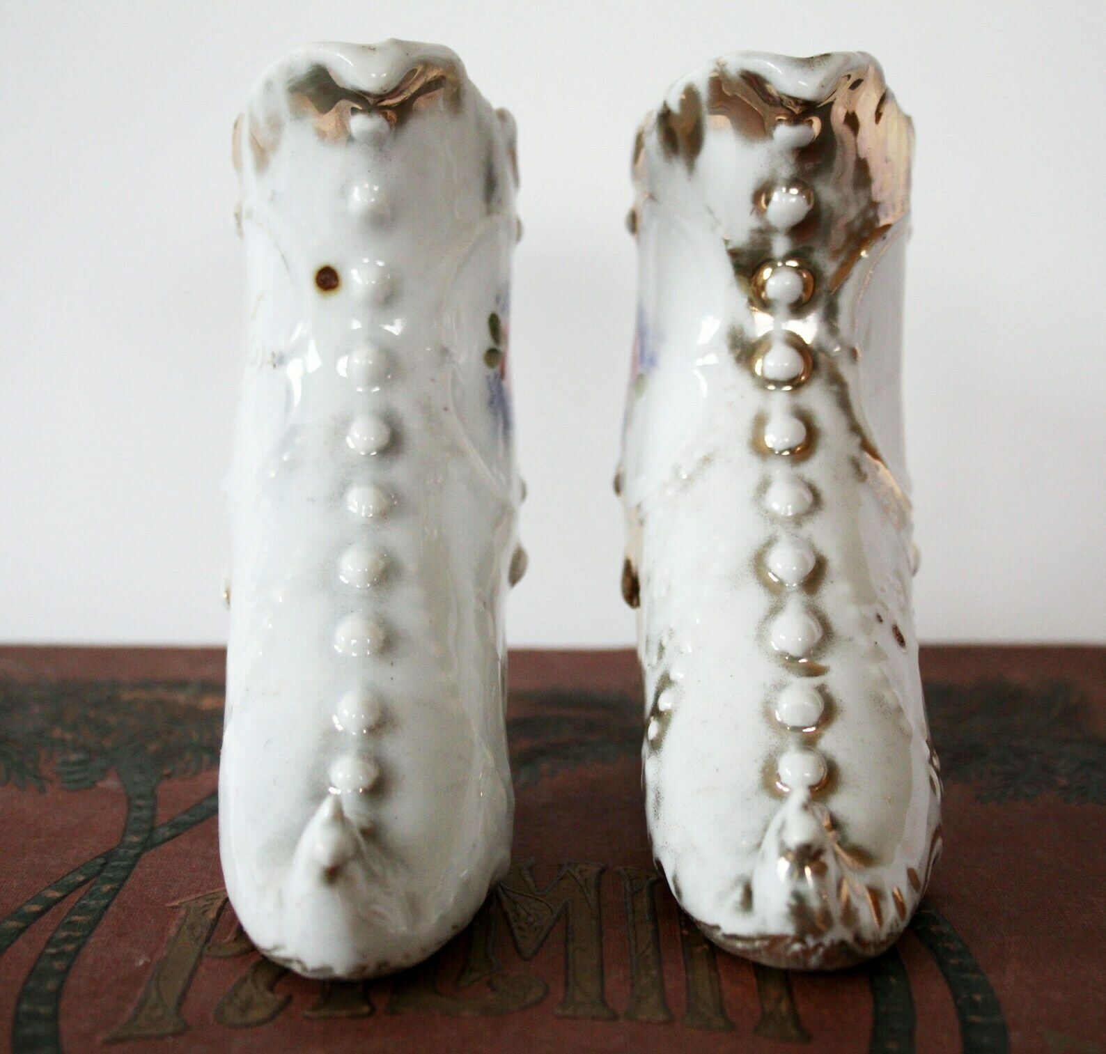 2 Antique Miniature Porcelain Shoe Figurine, Hight Heeled Boots, Shoe Trinket Bowl, Gold Decoration, Circa 1910s, Hand Painted Roses photo for sale