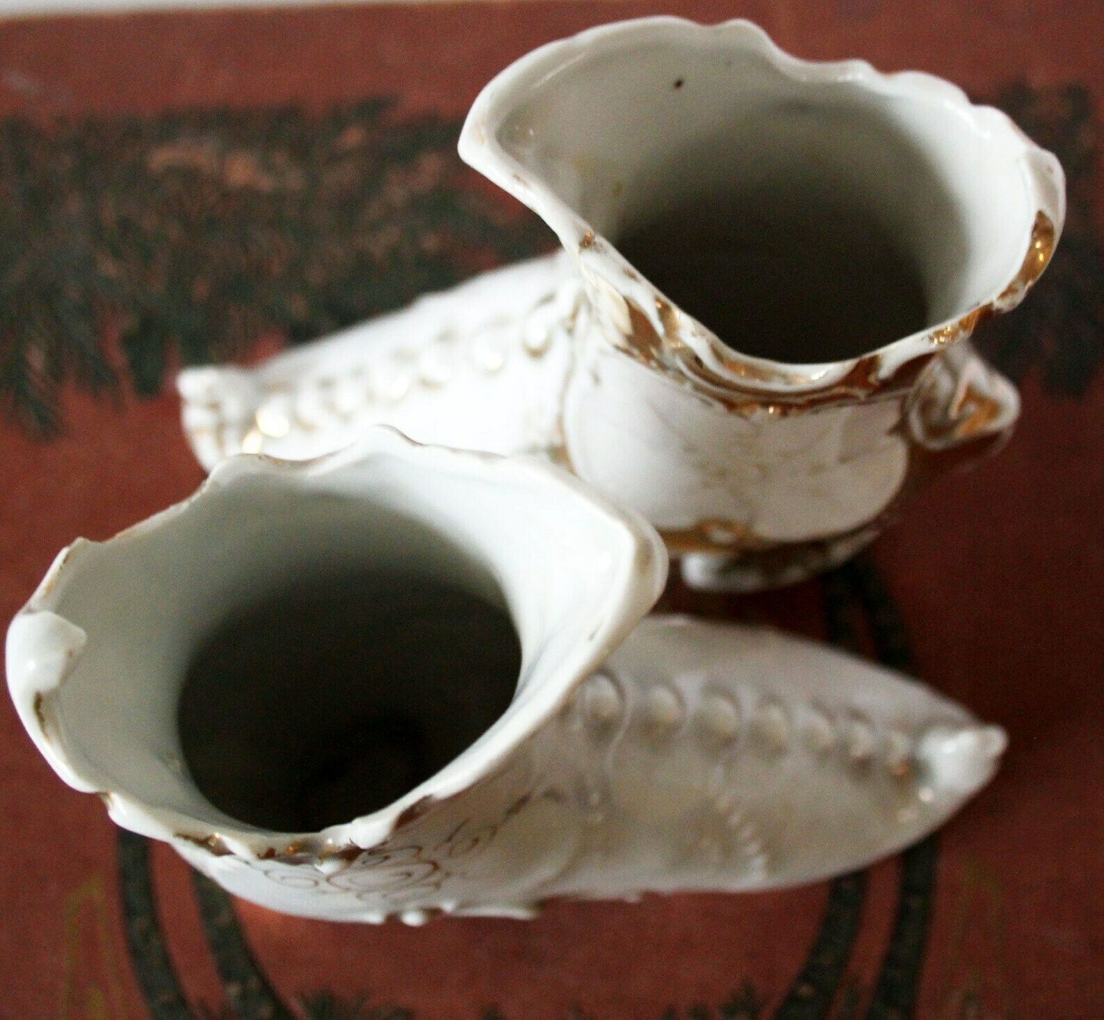 2 Antique Miniature Porcelain Shoe Figurine, Hight Heeled Boots, Shoe Trinket Bowl, Gold Decoration, Circa 1910s, Hand Painted Roses photo vinterior
