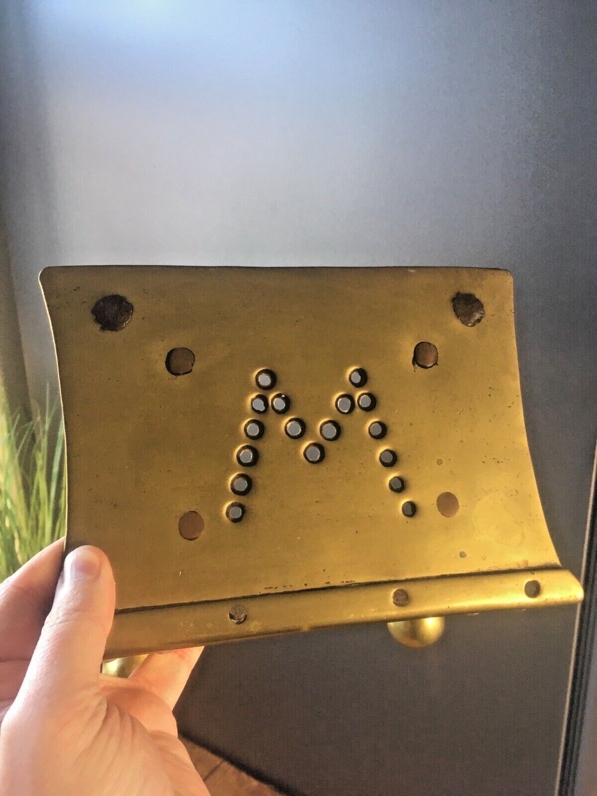 Antique Brass & Wrought Iron Riveted M Monogrammed Footman Trivet Plate Warmer photo vintage