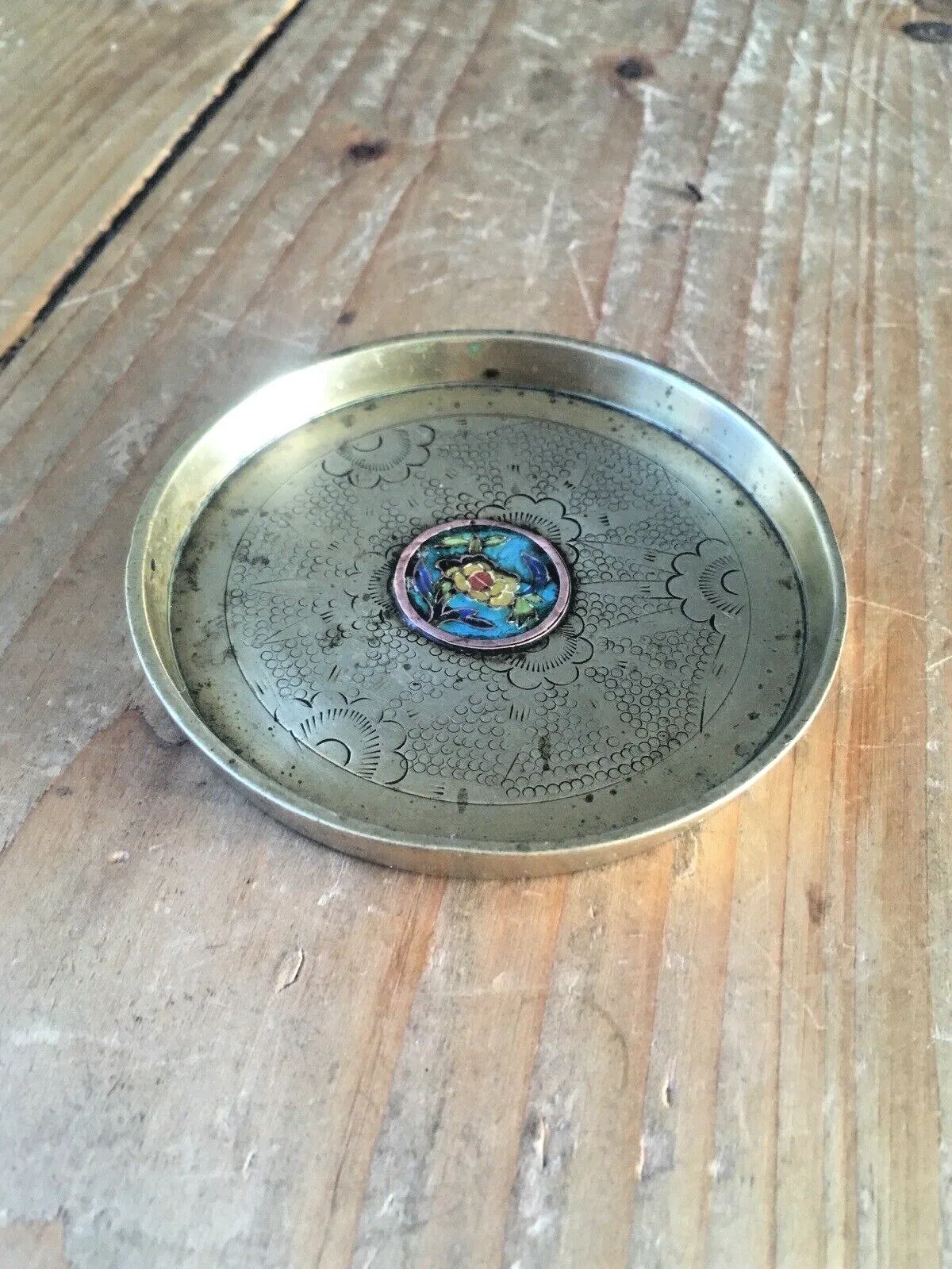 Unusual Antique Chinese Brass Floral Cloisonne Enamelled Centre Trinket Pin Dish photo 50.0