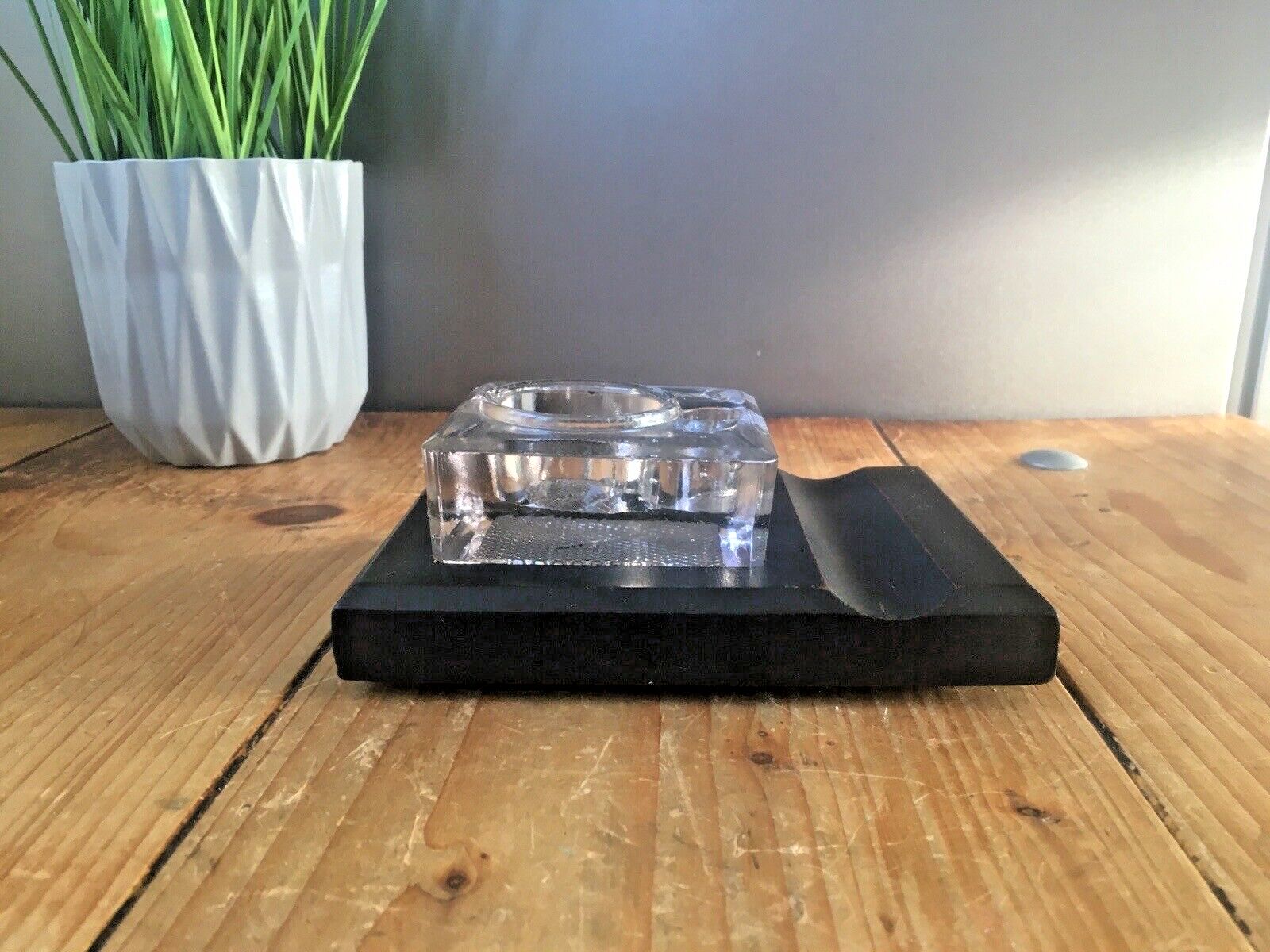 Antique Art Deco Glass Inkwell On Wooden Stand Office Desk Accessory Prop Velos photo for sale