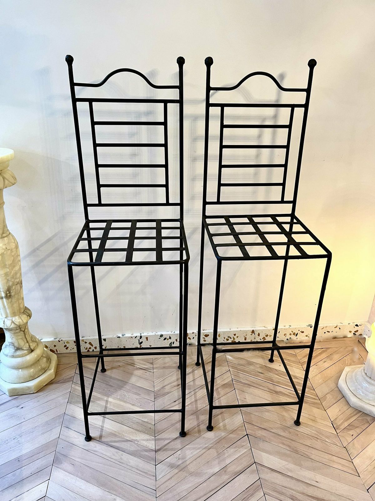 photo furniture Pair Of Cast Iron Tall Stools With Scalloped Cushions