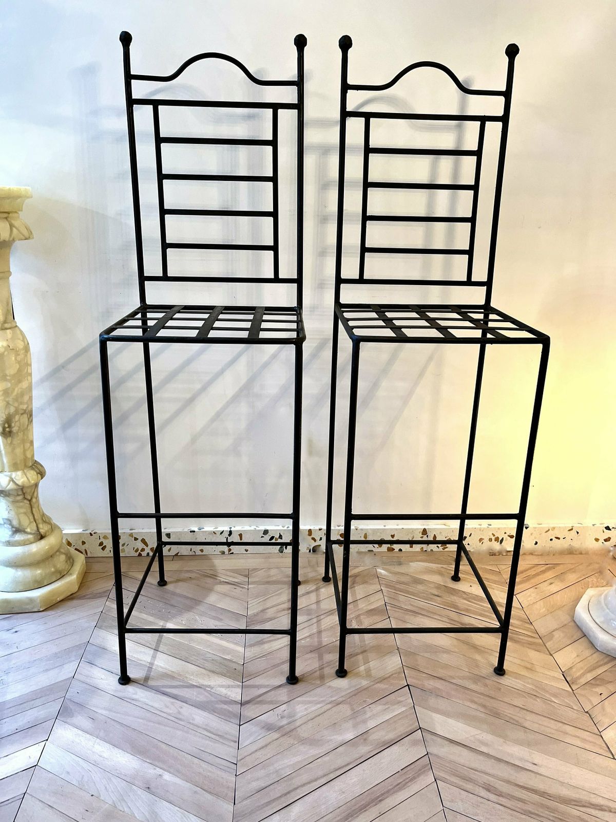 photo for sale Pair Of Cast Iron Tall Stools With Scalloped Cushions