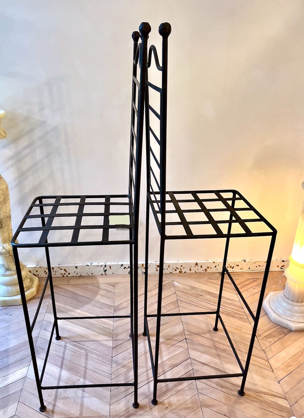 photo vinterior Pair Of Cast Iron Tall Stools With Scalloped Cushions
