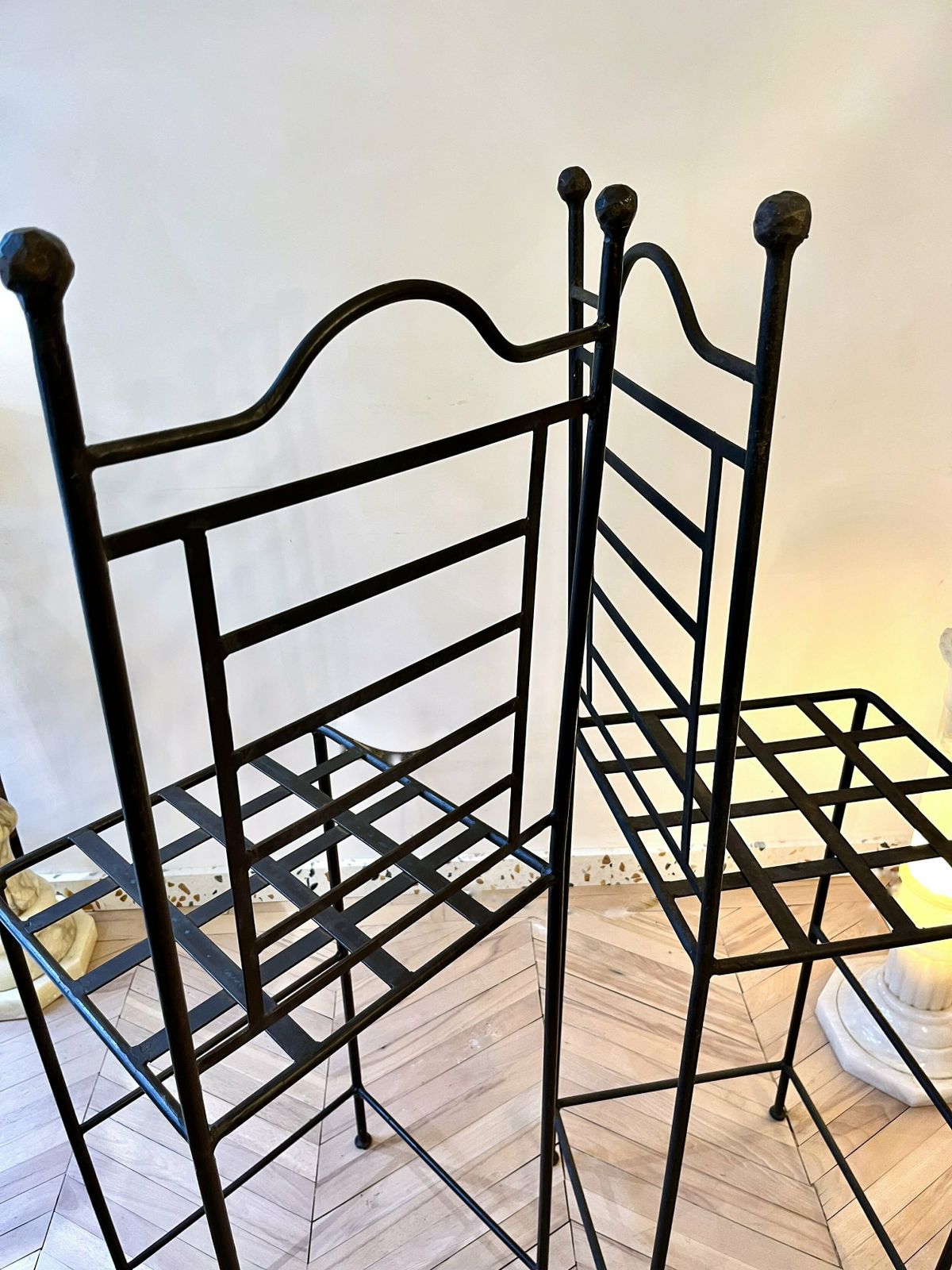 photo vintage Pair Of Cast Iron Tall Stools With Scalloped Cushions