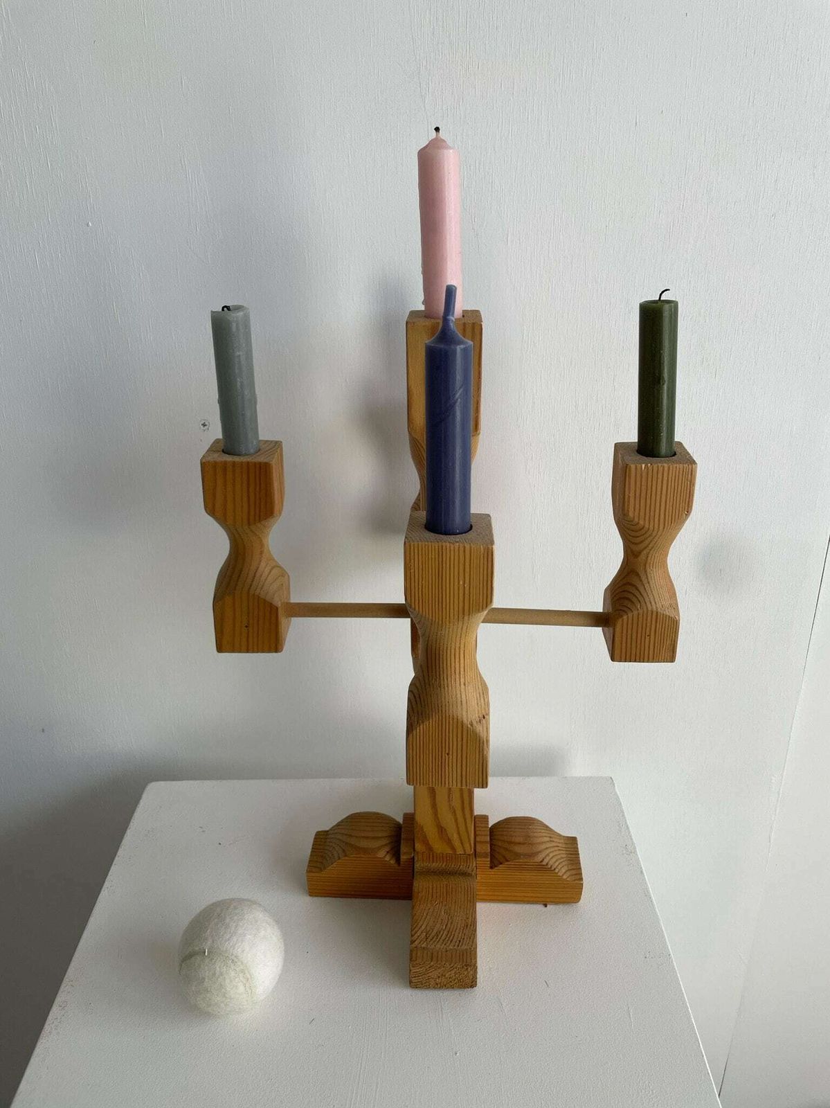 1970s Swedish Pine Candlestick For 5 Candles, Hand Made Quirky Rustic