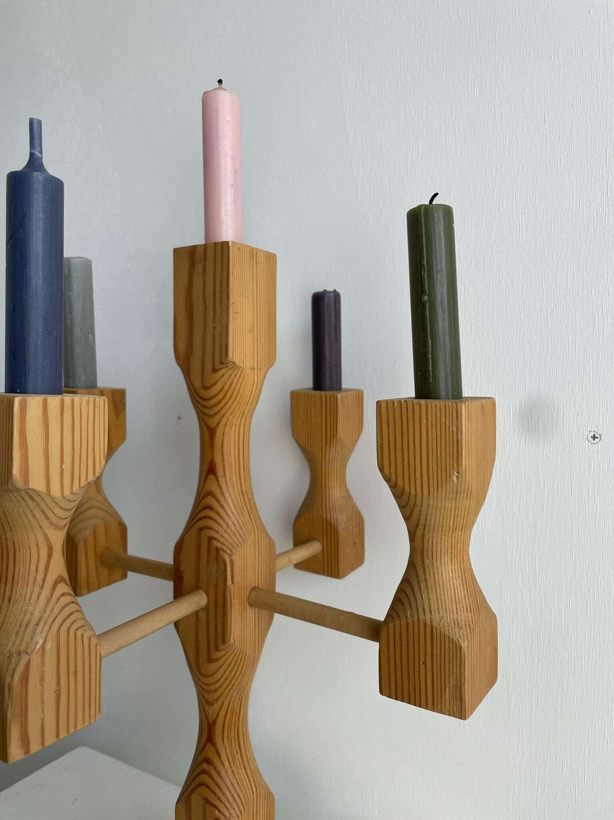 1970s Swedish Pine Candlestick For 5 Candles, Hand Made Quirky Rustic photo vinterior