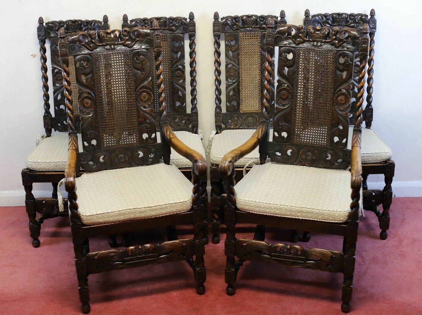 Lovely Set Of Six Victorian Carved Oak Carolean Style Dining Chairs photo furniture