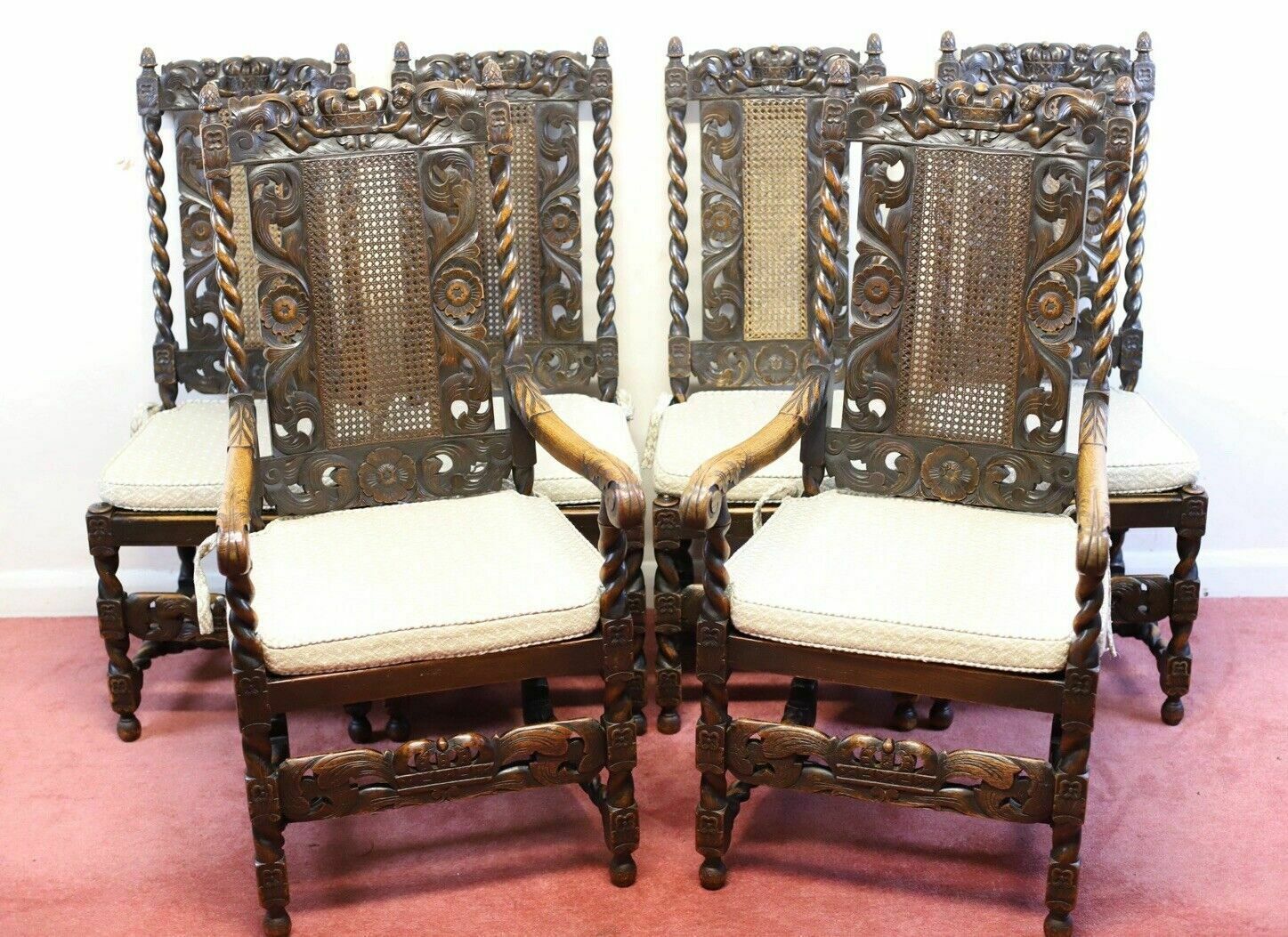 Lovely Set Of Six Victorian Carved Oak Carolean Style Dining Chairs photo for sale