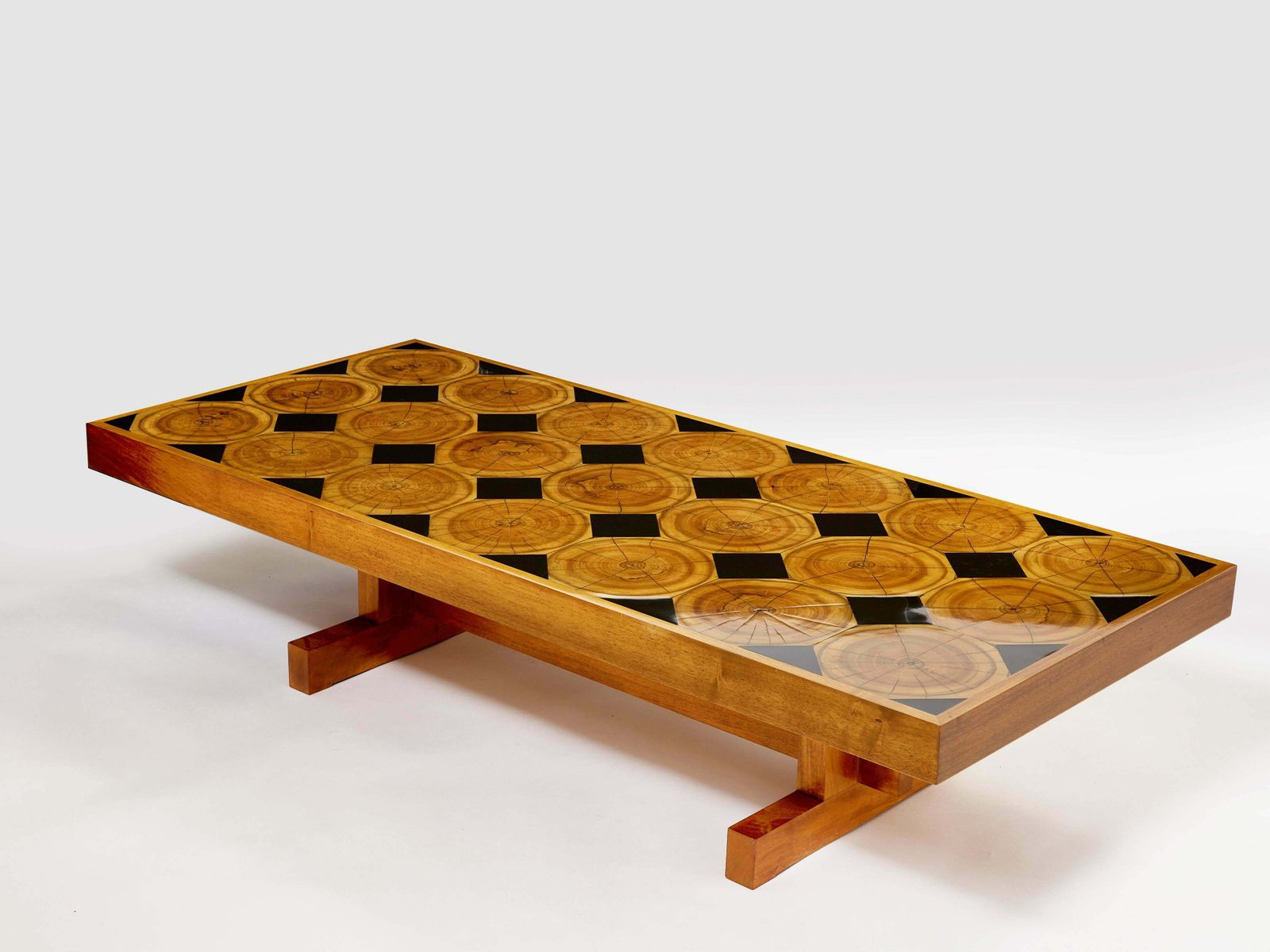 Grande table basse française en chêne massif, plateau en bois pétrifié et ardoise, 1960 photo for sale