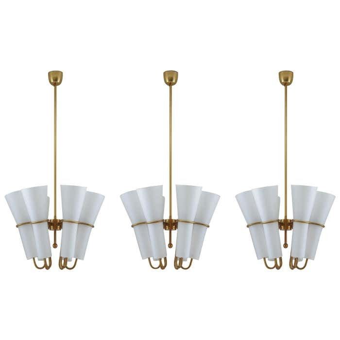 Chandelier In Brass And Opaline Glass By Hans Agne Jakobsson