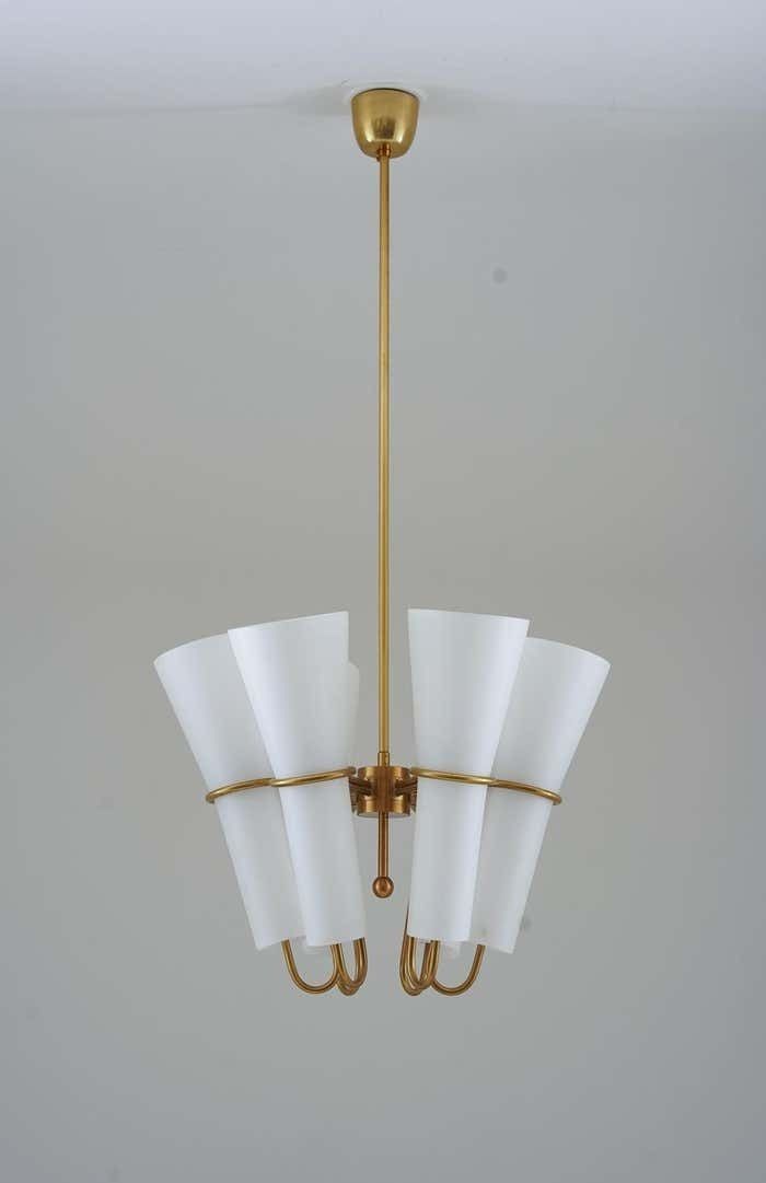 Chandelier In Brass And Opaline Glass By Hans Agne Jakobsson photo for sale
