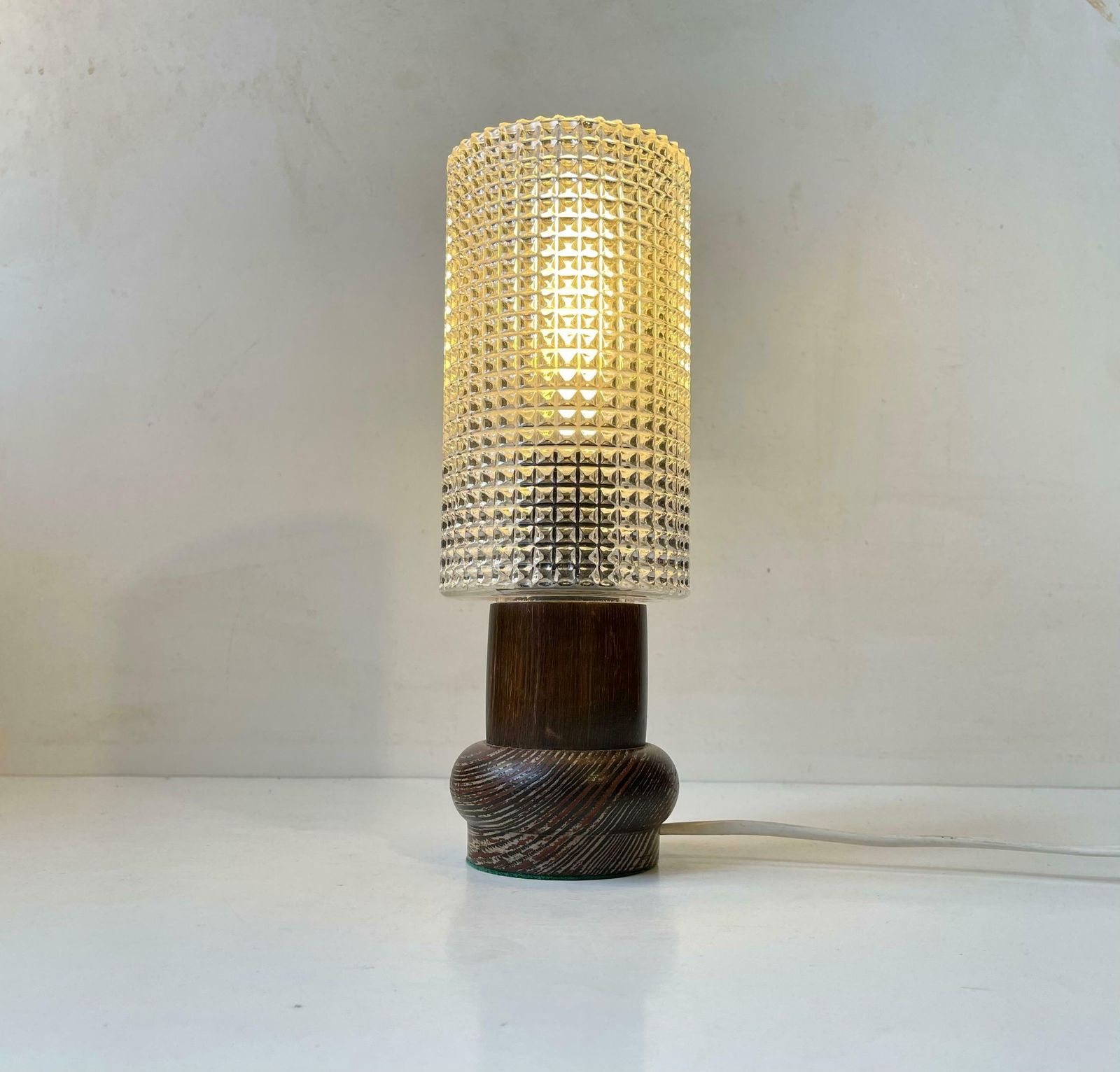 Vintage Scandinavian Table Lamp In Zebra Wood & 'Diamond' Glass, 1970s photo furniture