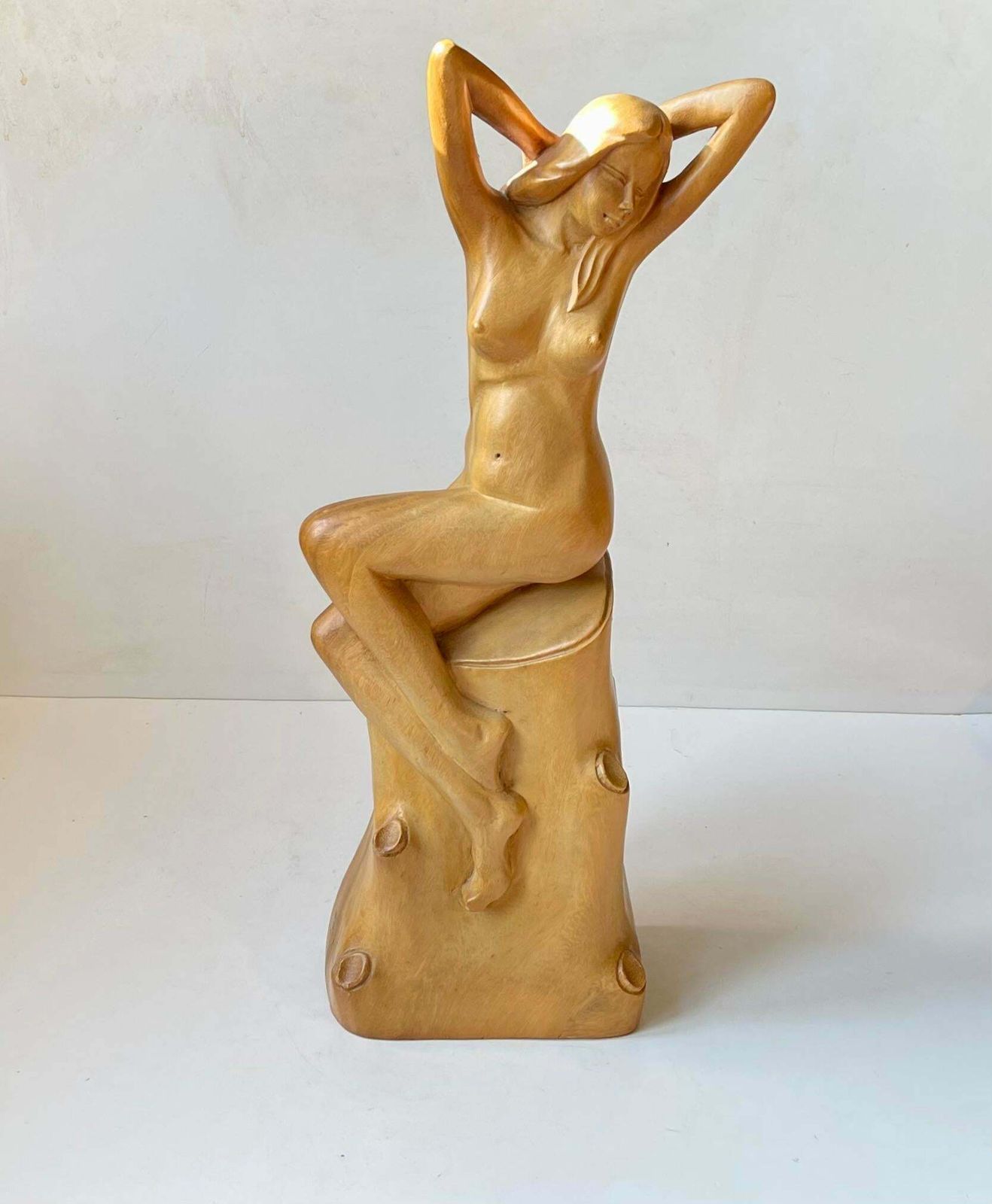 Art Deco Sculpture Of Nude Female In Hand Carved Wood, 1940s Scandinavia photo furniture