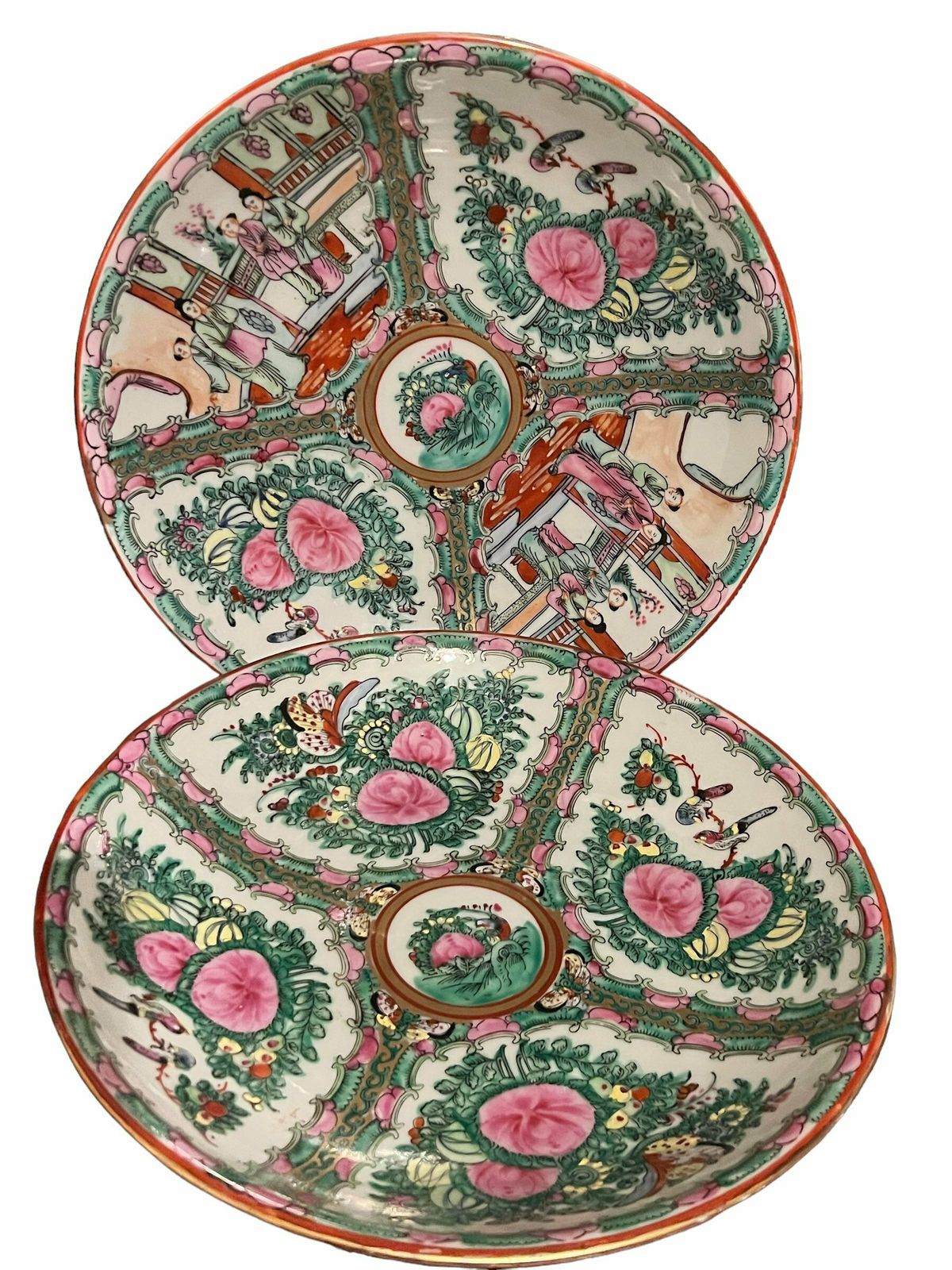 Large Canton / Rose Medalion Bowl, 20th Century, Chinoiserie Famille Rose Pink Porcelain Ceramic Bowl With Botanical Motif X 2