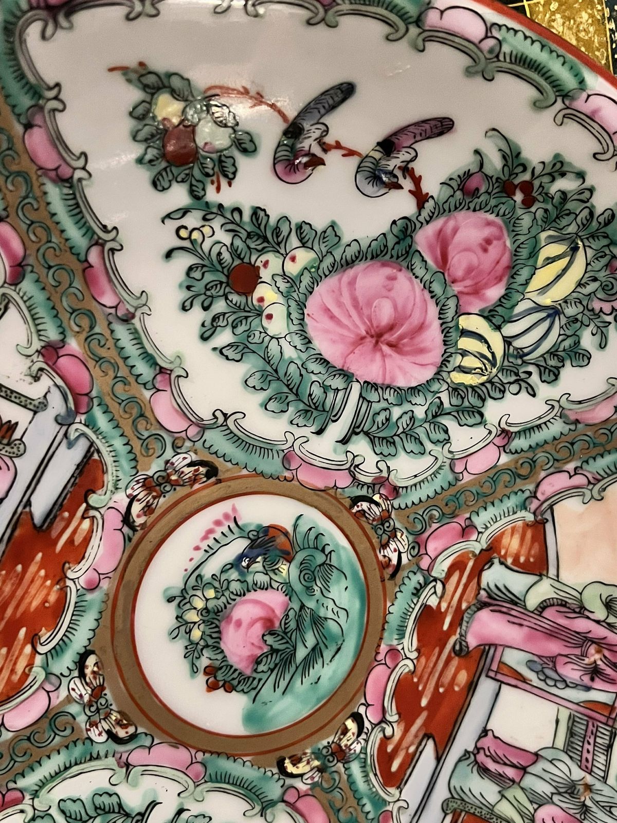 Large Canton / Rose Medalion Bowl, 20th Century, Chinoiserie Famille Rose Pink Porcelain Ceramic Bowl With Botanical Motif X 2 photo vinterior