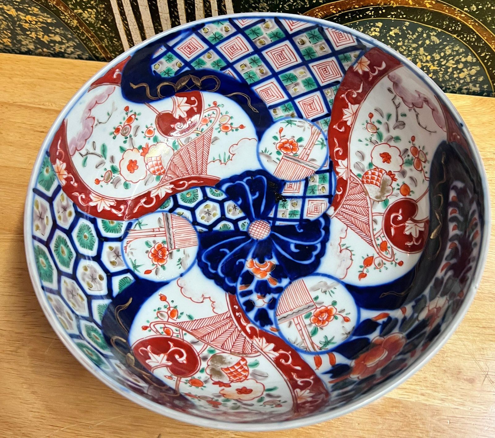 Antique Japanese Quality Imari Bowl Having Round Shaped Edge With Wonderful Hand Painted Flowers, Leaves And Flowers In Red, Blue, Green, photo furniture