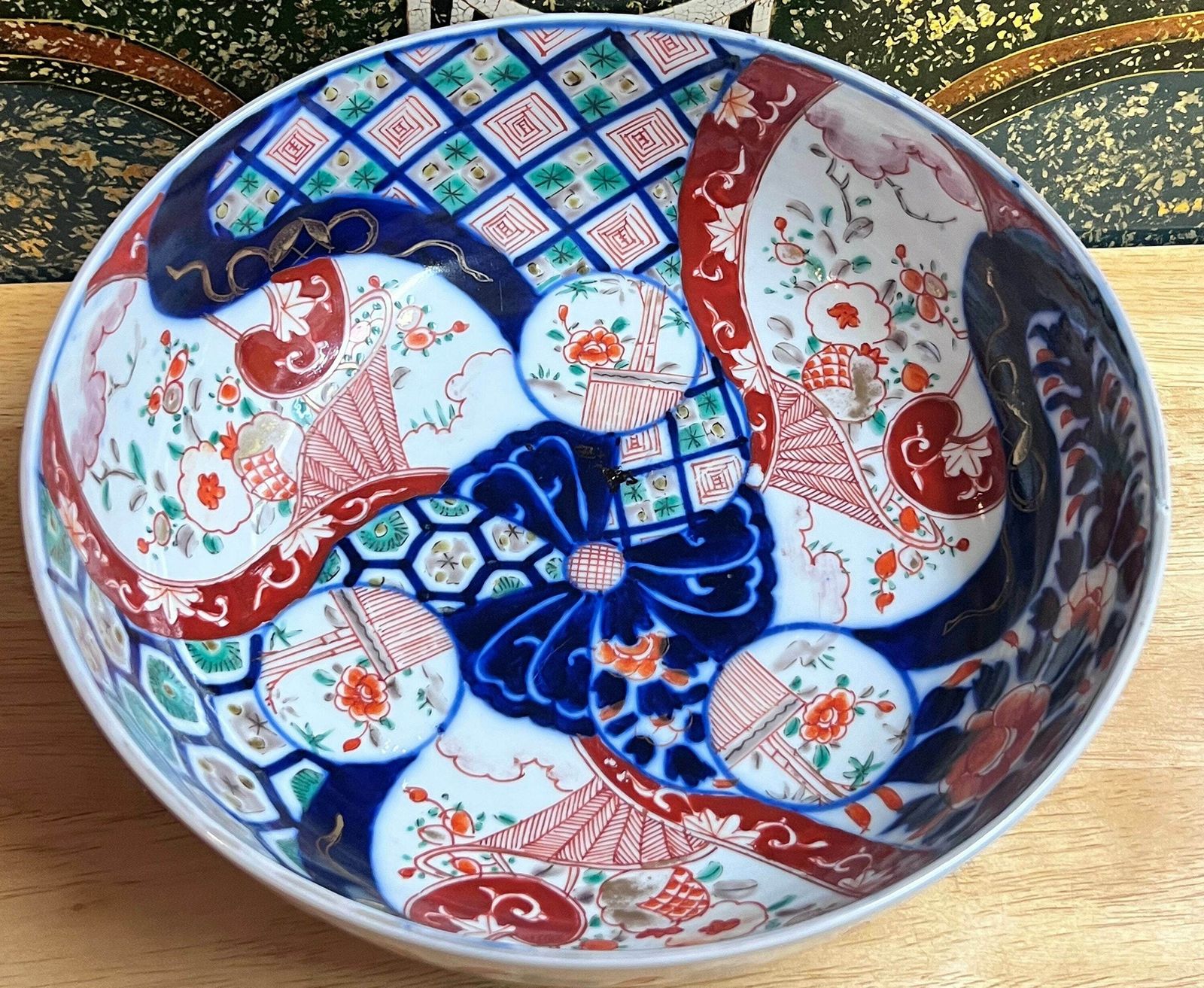 Antique Japanese Quality Imari Bowl Having Round Shaped Edge With Wonderful Hand Painted Flowers, Leaves And Flowers In Red, Blue, Green, photo for sale